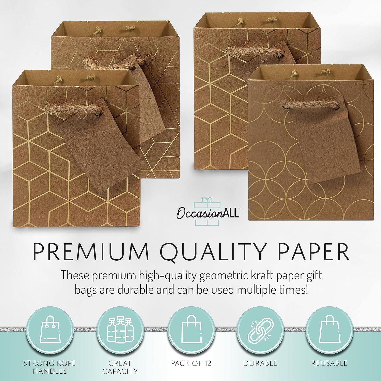 OccasionALL Mini Gift Bags with Handles, Brown Gold Paper Tote for Christmas, Holidays, Cards, Weddings, Birthdays, Shopping, Bulk, 4x2.75x4.5 12 Pack