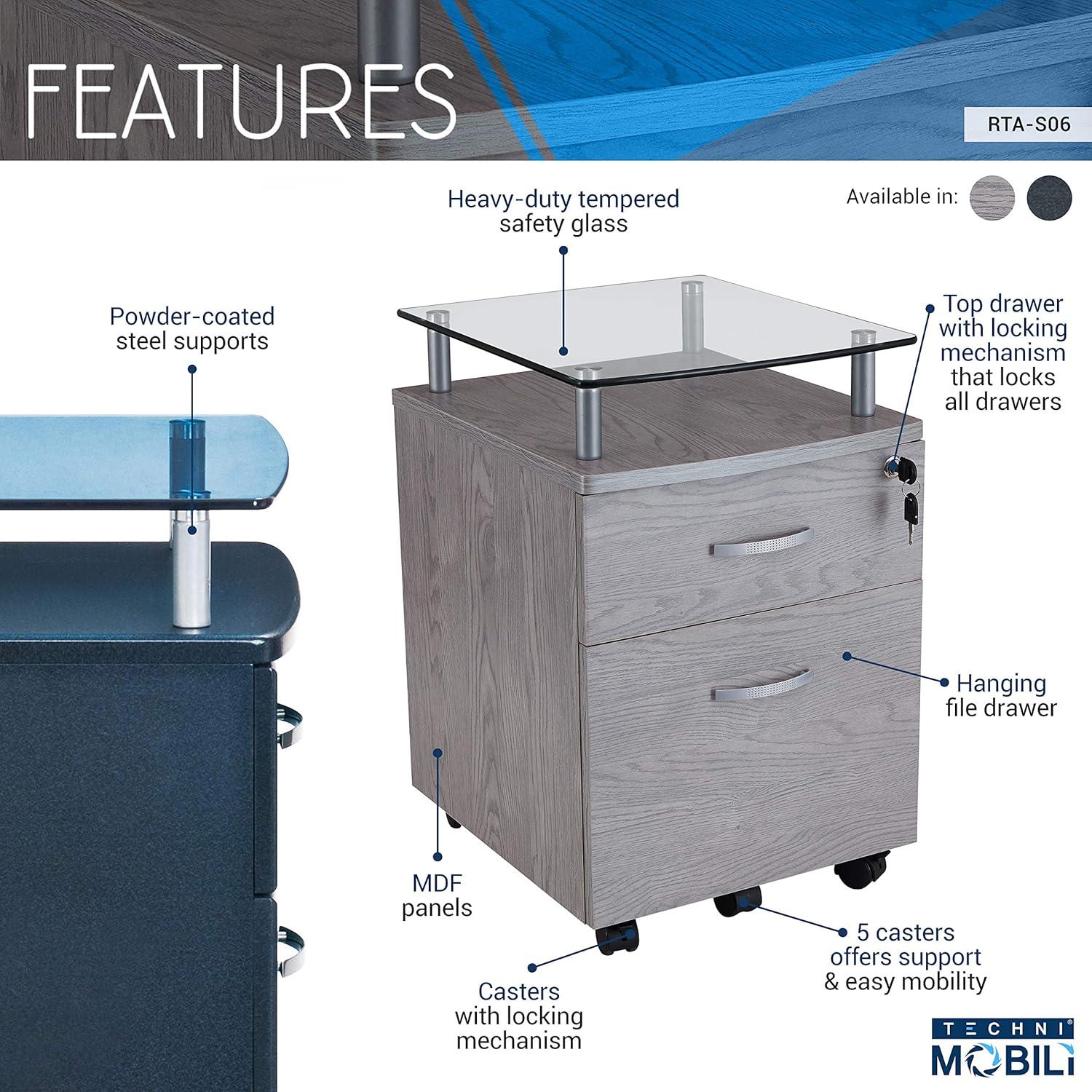 Rolling and Locking File Cabinet Gray - Techni Mobili: Secure MDF Office Storage, 5 Casters, Lockable Drawers