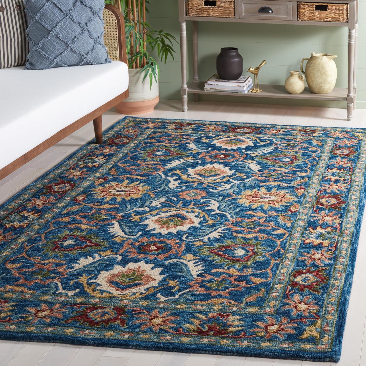 Handmade Blue and Green Wool Floral 6' x 9' Area Rug