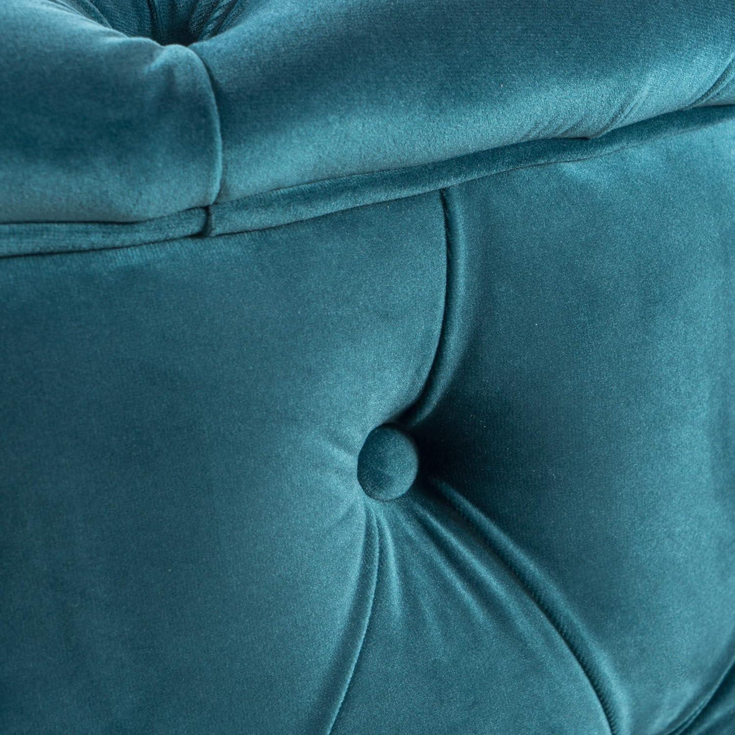 Contemporary Birch and Velvet Round Tufted Ottoman in Teal