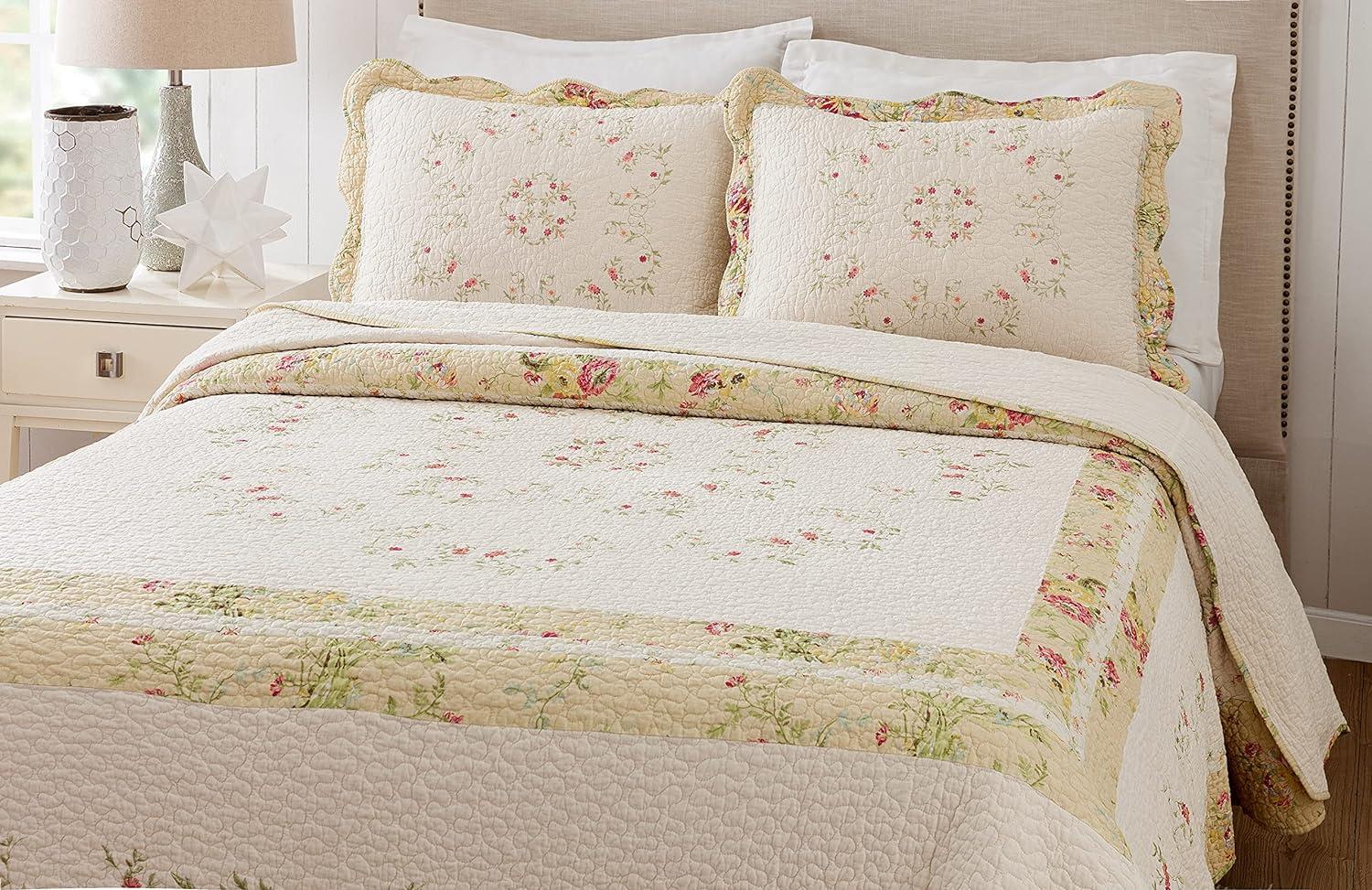 Standard Prairie Bloom Sham Yellow - Mary Jane's Home: Embroidered Cotton Botanical Design, Machine Washable, 140 Thread Count