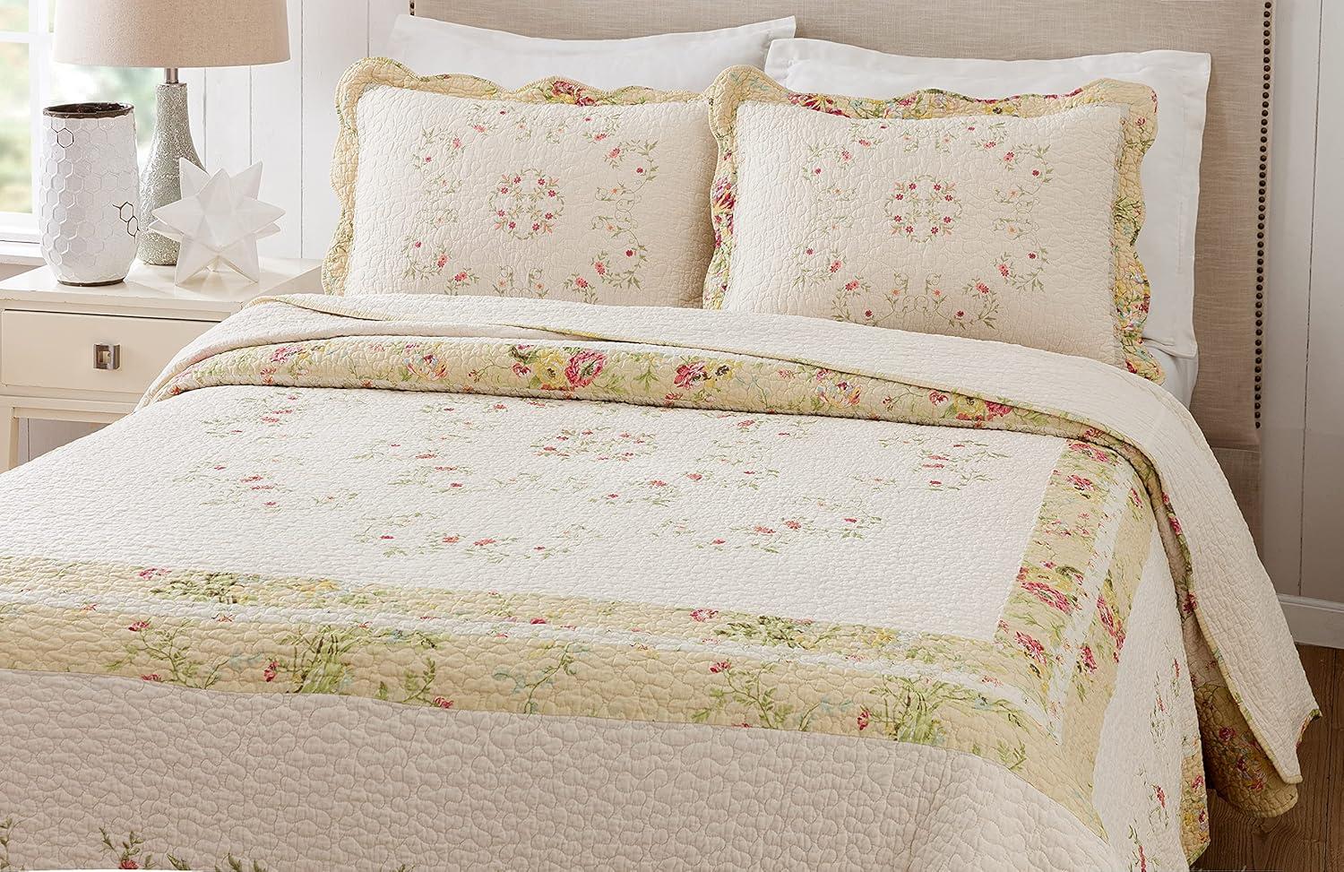 Queen Prairie Bloom Bedspread Yellow - Mary Jane's Home: Cotton Floral Bedding, Machine Washable, 140 Thread Count