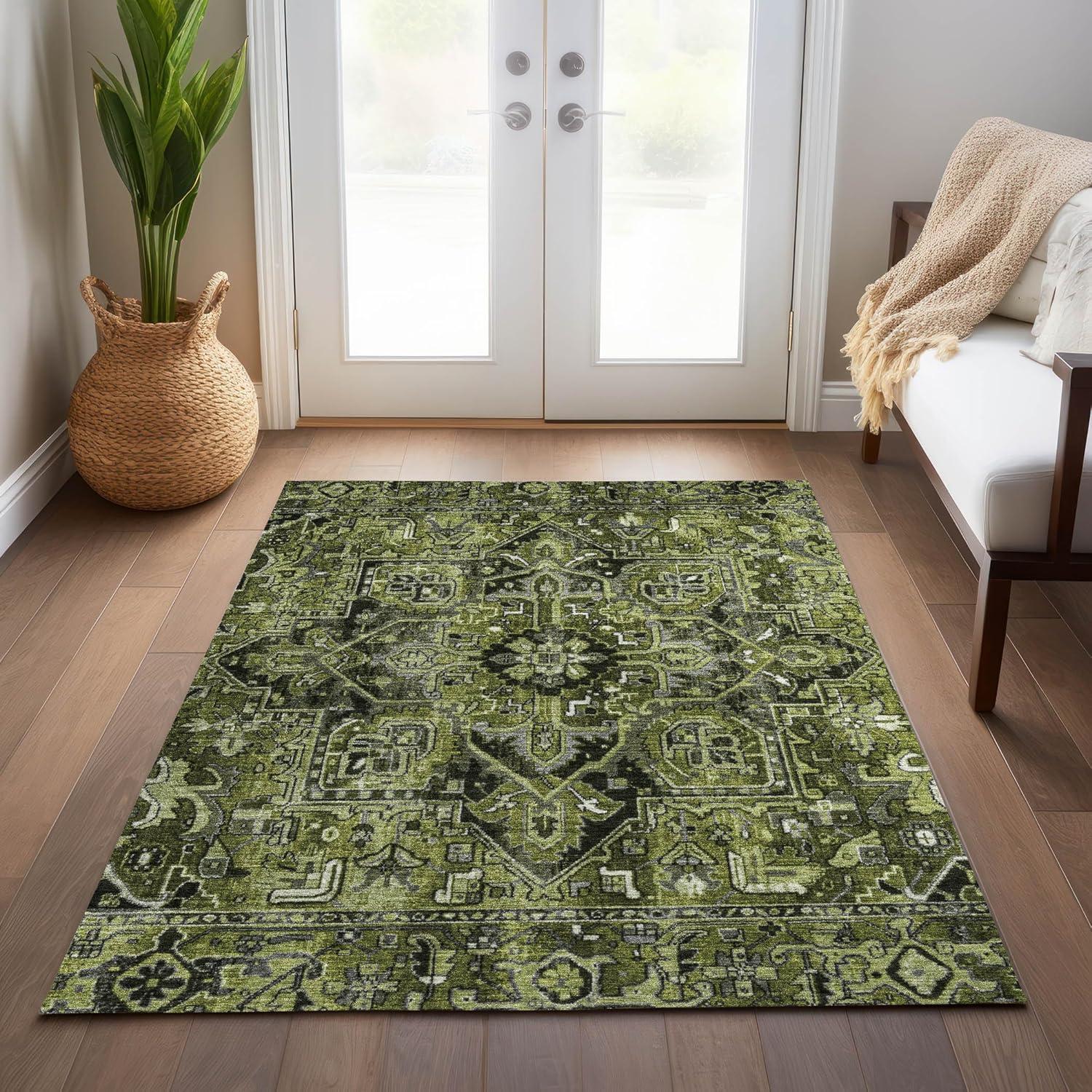 Olive Rectangular Synthetic Oriental 10' x 14' Washable Area Rug