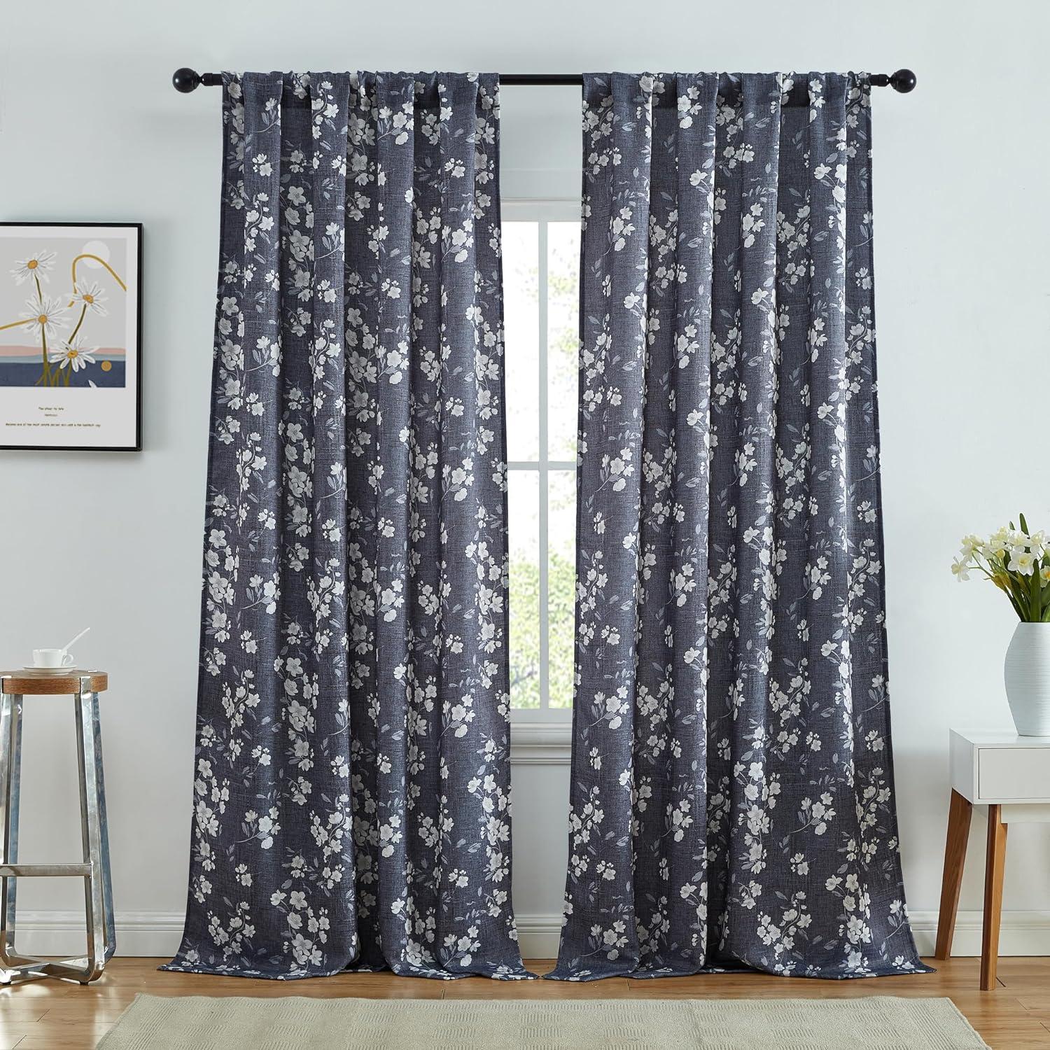 Charcoal Grey Floral Room-Darkening Polyester Curtains, 52 W x 84 L