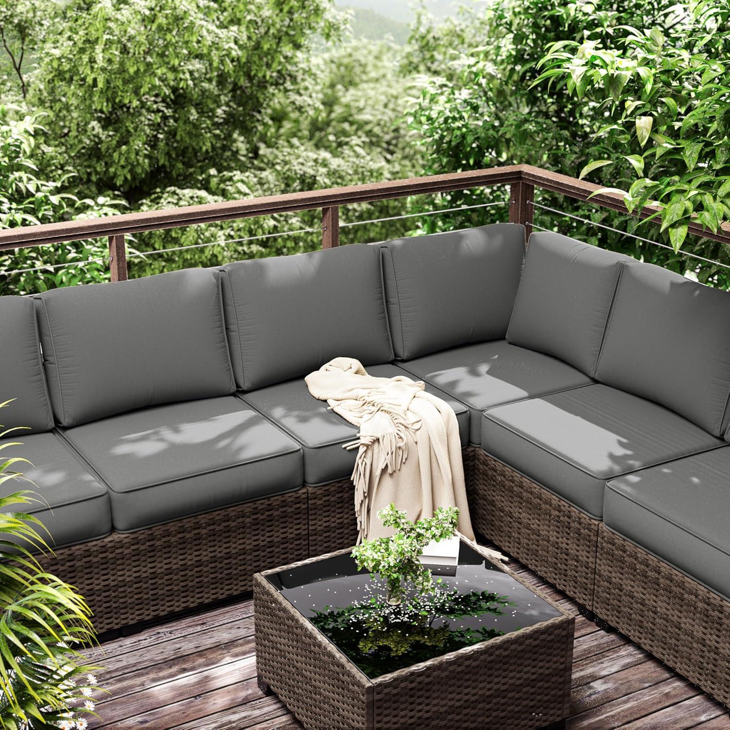 Kimunuk 14 Piece Outdoor Furniture Replacement Cushions, 5" Foam Foam High-Density, Fits 6-Seat Sectional Rattan Conversation Set, Patio Water-Resistant Sofa Cushions, Light Grey