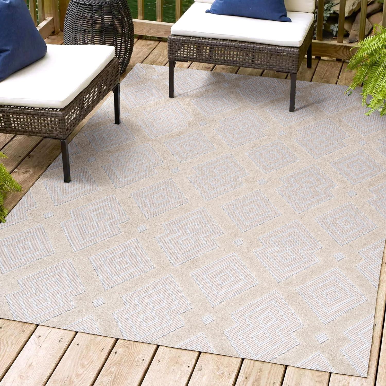 Duwun High-Low Pile Ogee Trellis Tone-on-Tone Indoor/Outdoor Area Rug  - JONATHAN Y