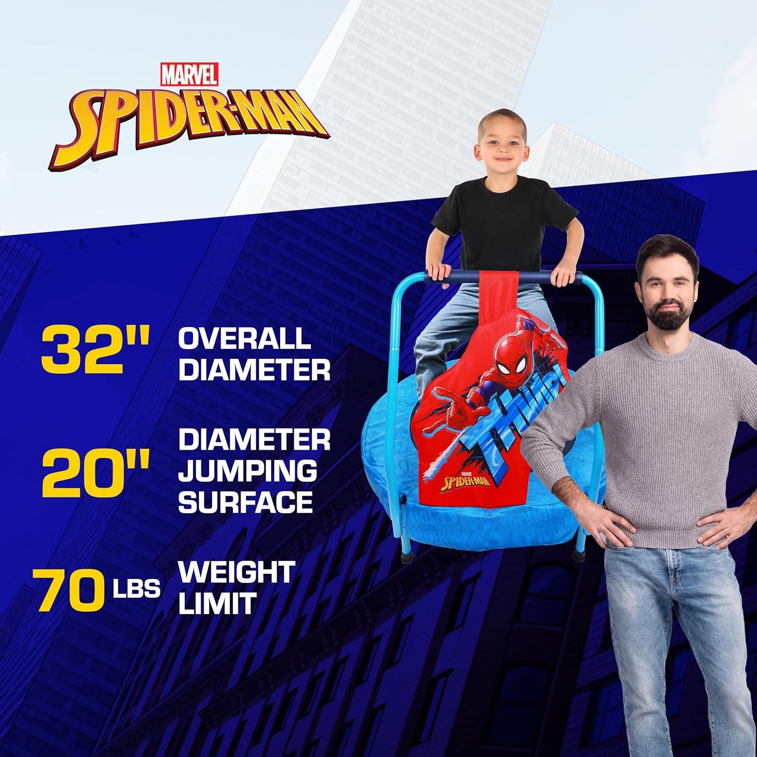 Marvel Spider-Man Trampoline for Kids, Indoor Mini Toddler Trampoline with Foam Handle Bar, Round Jumping Mat, Blue