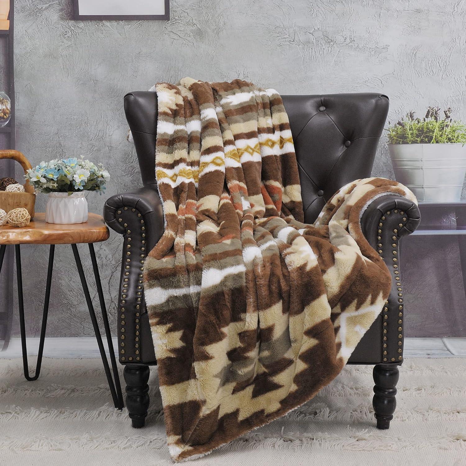 Southwest Brown Faux Fur Sherpa Reversible Throw Blanket