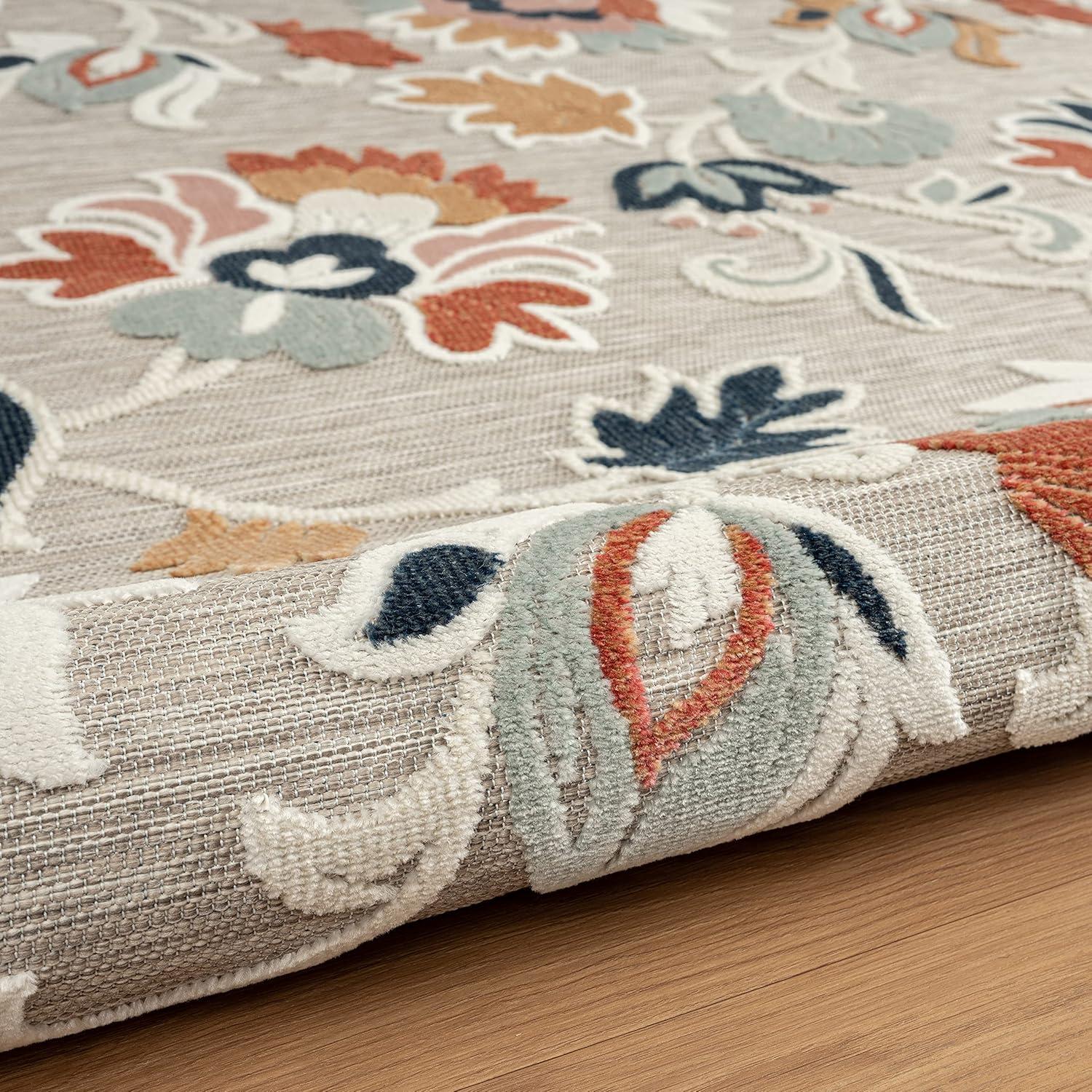 HomeRoots 5' X 7' Blue And Gray Floral Stain Resistant Indoor Outdoor Area Rug