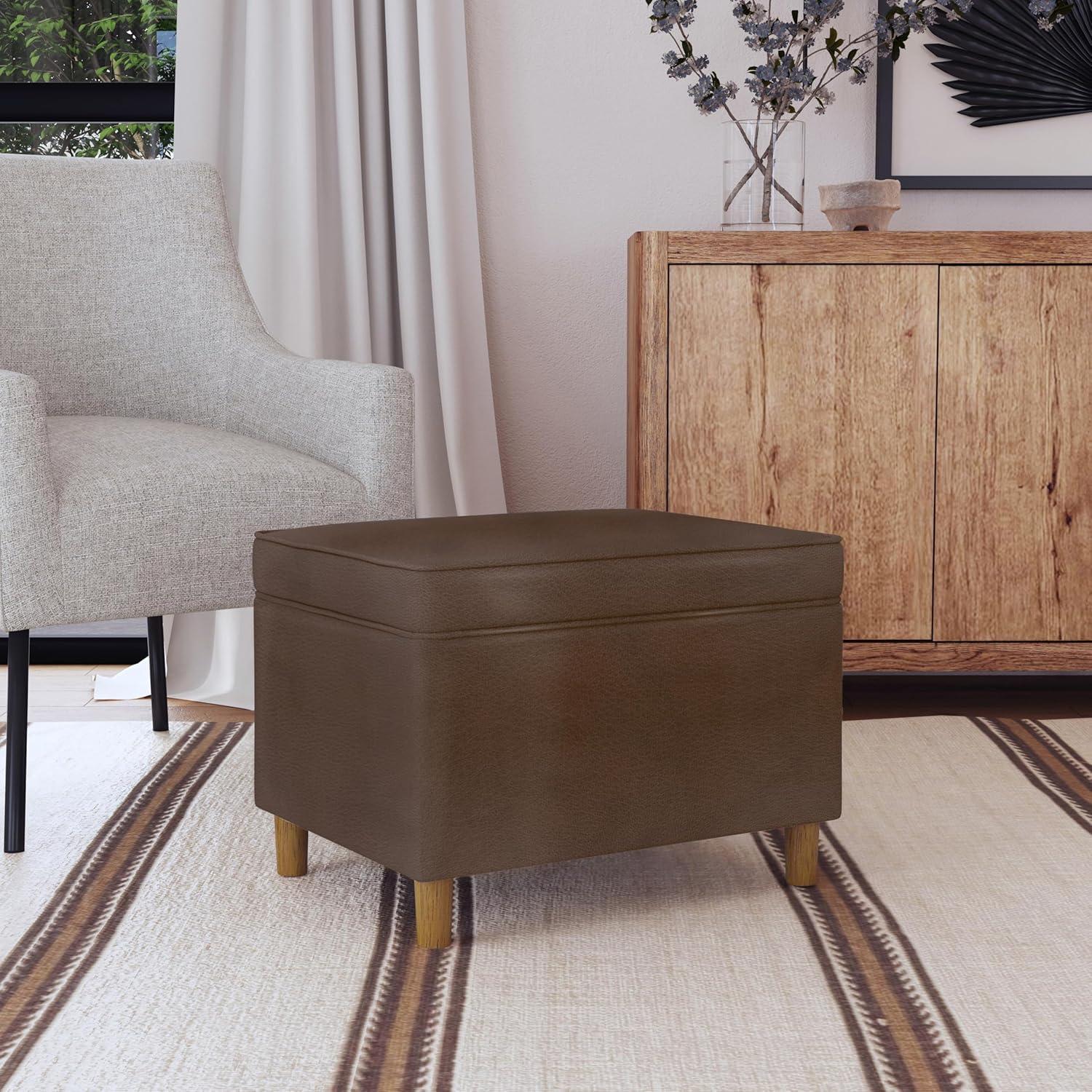 24" Dark Brown Faux Leather Storage Ottoman with Honey Oak Legs