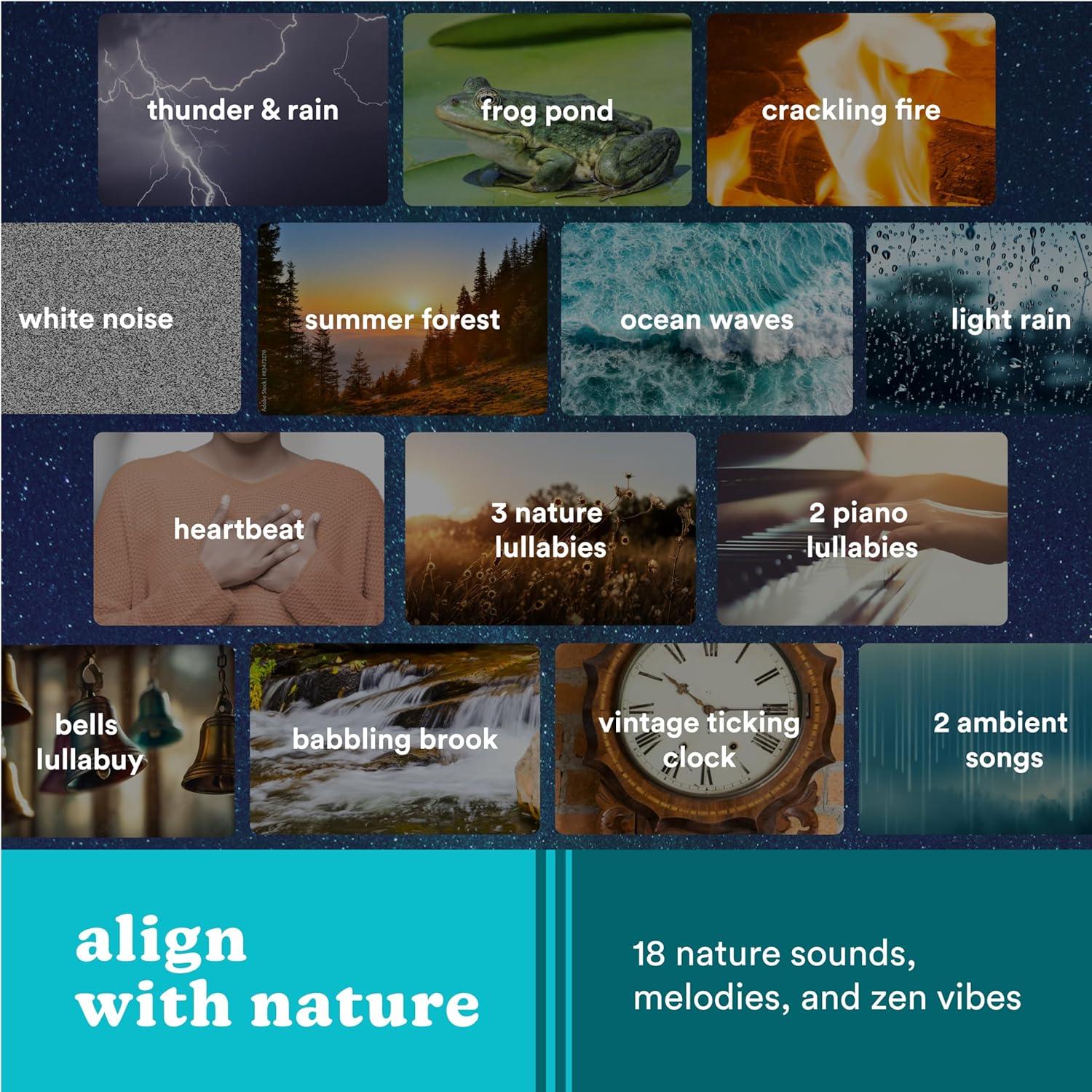 Homedics Sound Sleep Moon Dream Sound Machine & Clock, Moon display mirrors lunar cycles to enhance sleep, 18 Sounds