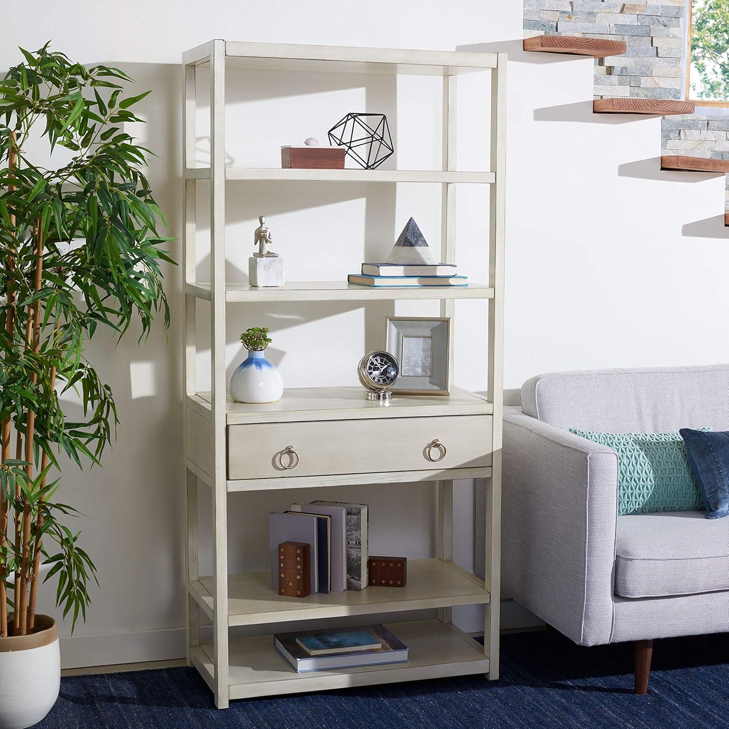 Antique White Acacia Wood 5-Shelf Etagere with Drawer