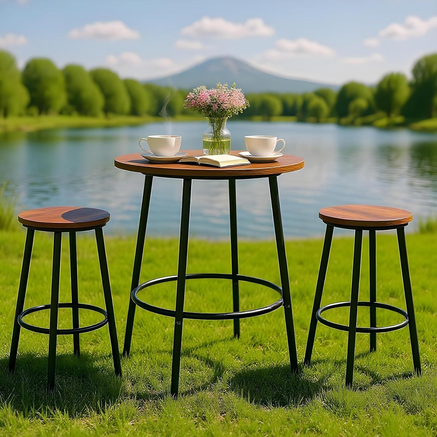 ZENSTYLE 3 Piece Pub Dining Table Set Wooden Round Breakfast Tables w/2 Bar Chairs Stools Brown