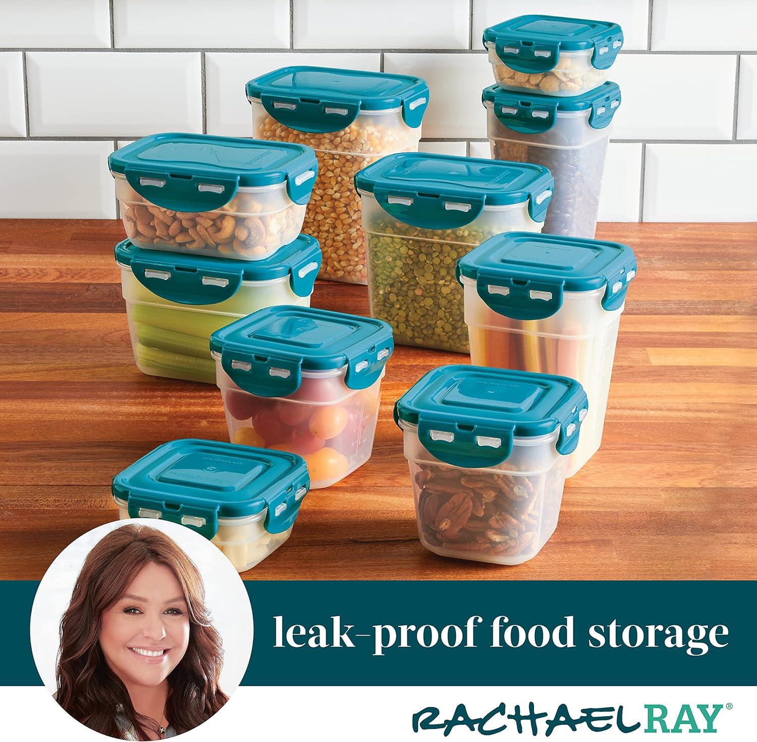 Rachael Ray Leak-Proof Stacking Food Storage Container Set, 20-Piece, Teal Lids