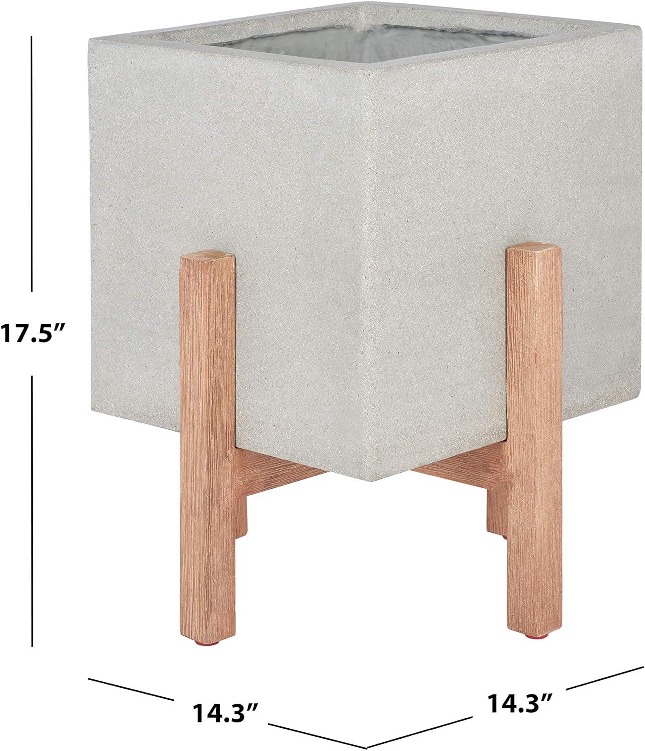 Borsla 21" Modern Minimalist Acacia and Concrete Planter, Natural/Light Grey