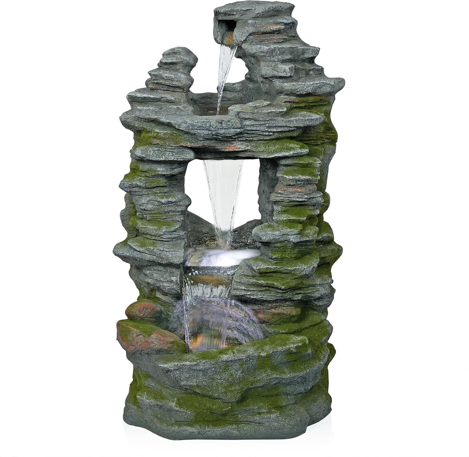 Alpine Corporation 39" Stacked Stone Rainforest Fountain: Polyresin, LED-Lit, Outdoor Decor