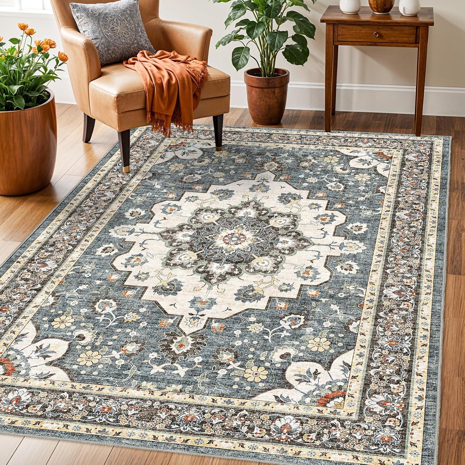 Polyester Machine Washable Blue Oriental Area Rug