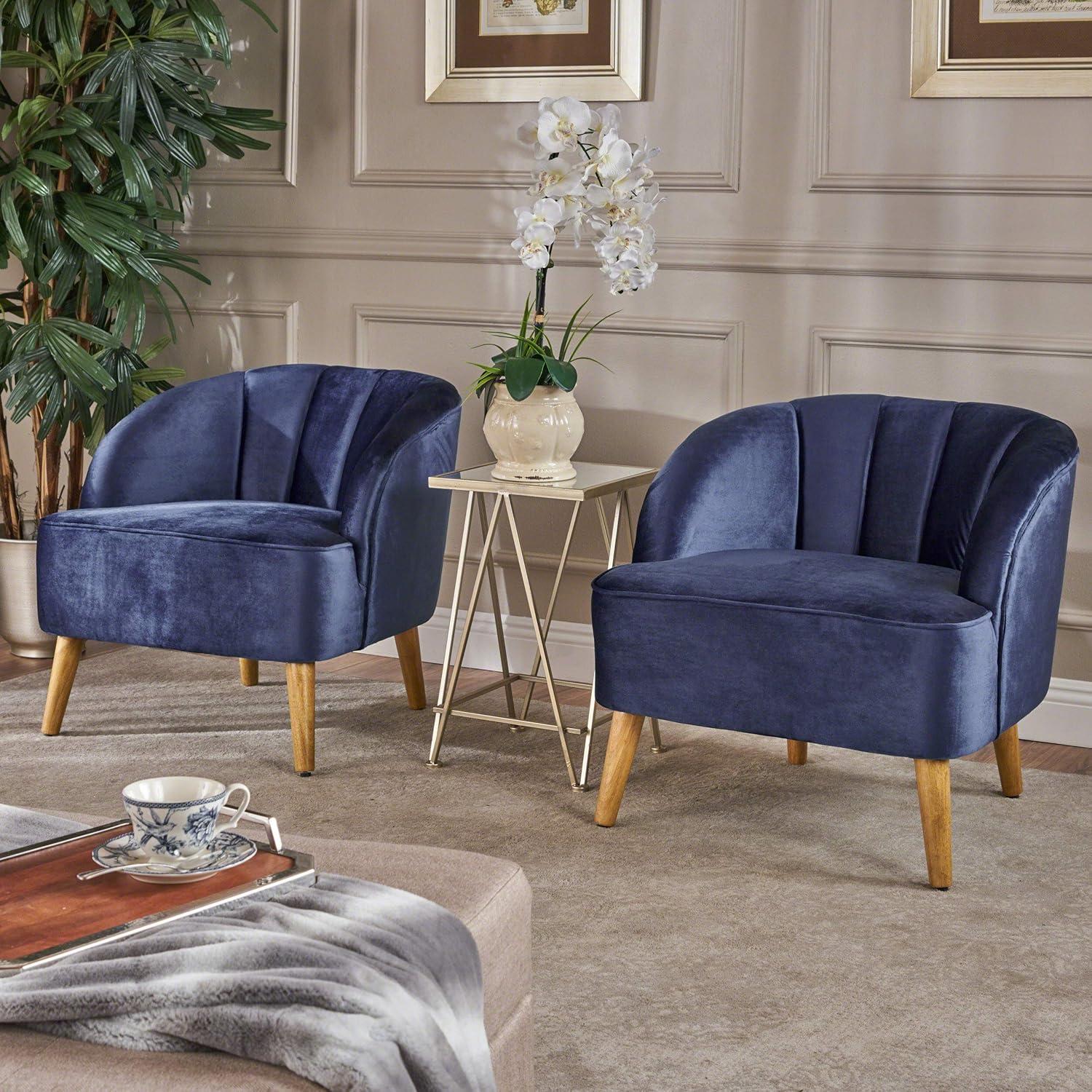 GDF Studio Scarlett Modern Velvet Channel Stitch Club Chairs, Set of 2, Cobalt and Walnut