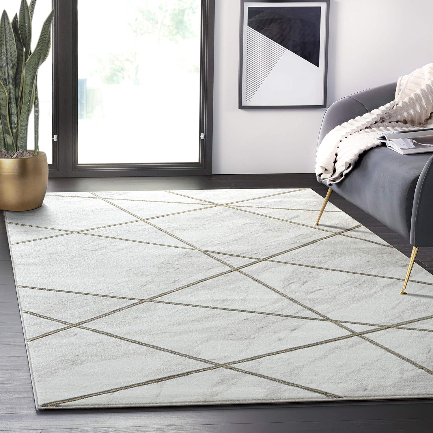 Abani Luna Collection Area Rug Mid Century Modern Bedroom Living Room Decor Floor Rug 6 x 9 White Gold