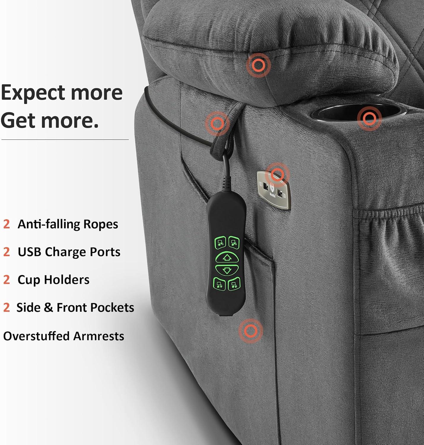 MCombo Small Size Triple Motor Power Lift Recliner Chair Sofa with Massage and Dual Heating, Adjustable Headrest for Elderly People Petite, USB Ports, Extended Footrest, Fabric 7222 (Dark Grey)