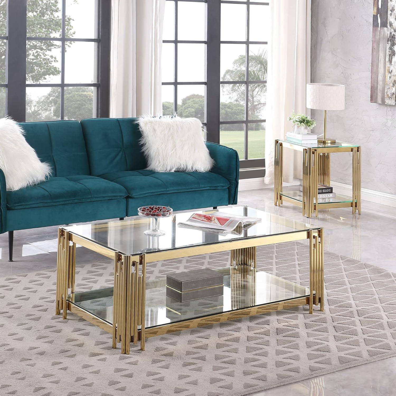 Golden Stainless Steel Rectangular Coffee Table with Glass Top