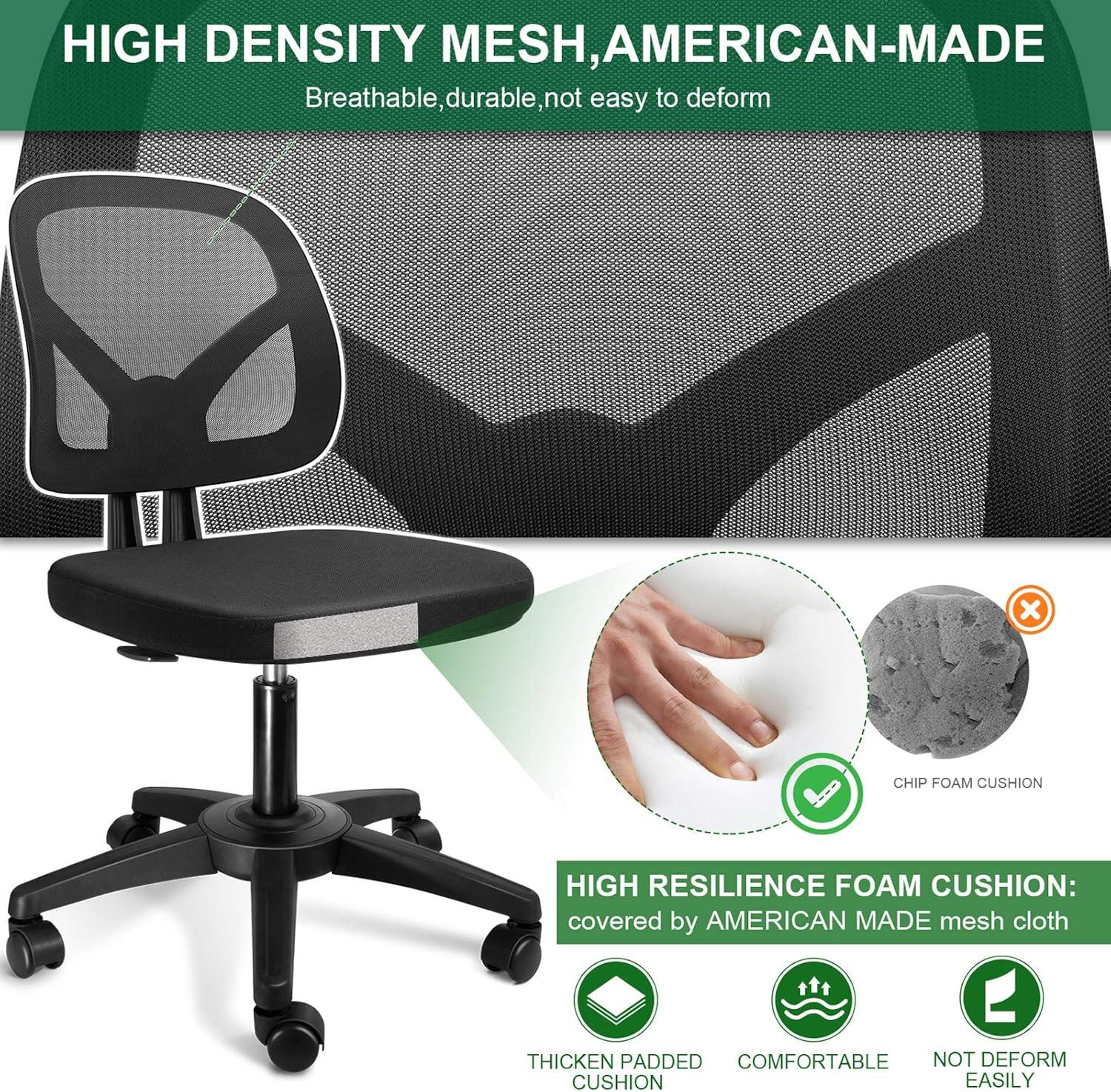 KOLLIEE Armless Office Chair Mesh Ergonomic Small Desk Chair Armless Adjustable Swivel Black Computer Task Chair No Armrest Mid Back Home Office Chair for Small Spaces