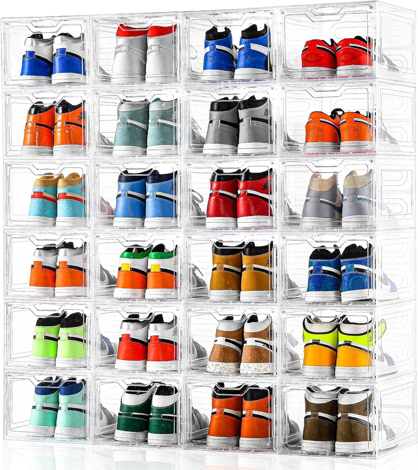 12 Pack Shoe Storage Boxes, Stackable Clear Boxes With Doors, Organizer Containers For Sneakers - Fit US Men's/Women's Size 12 (13.4"x 9.8"x 7.1")