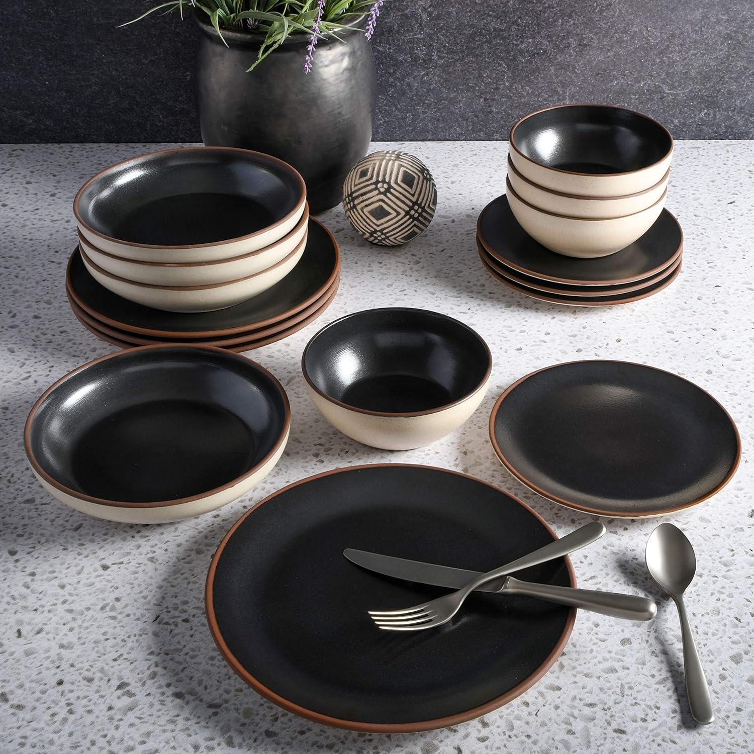 Black and Beige Ceramic 16-Piece Dinnerware Set, Service for 4