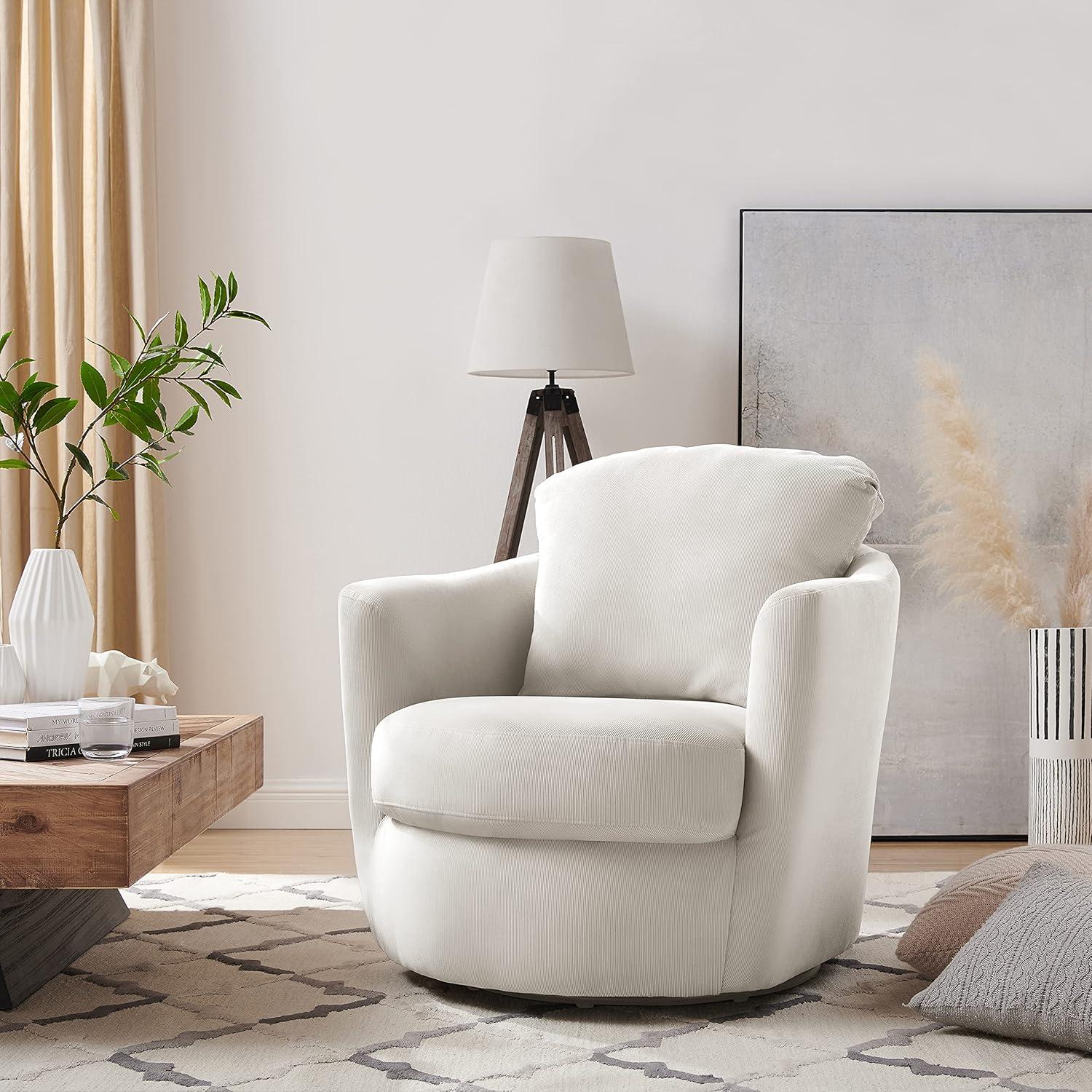 Ivory Corduroy Swivel Barrel Accent Chair with Metal Base