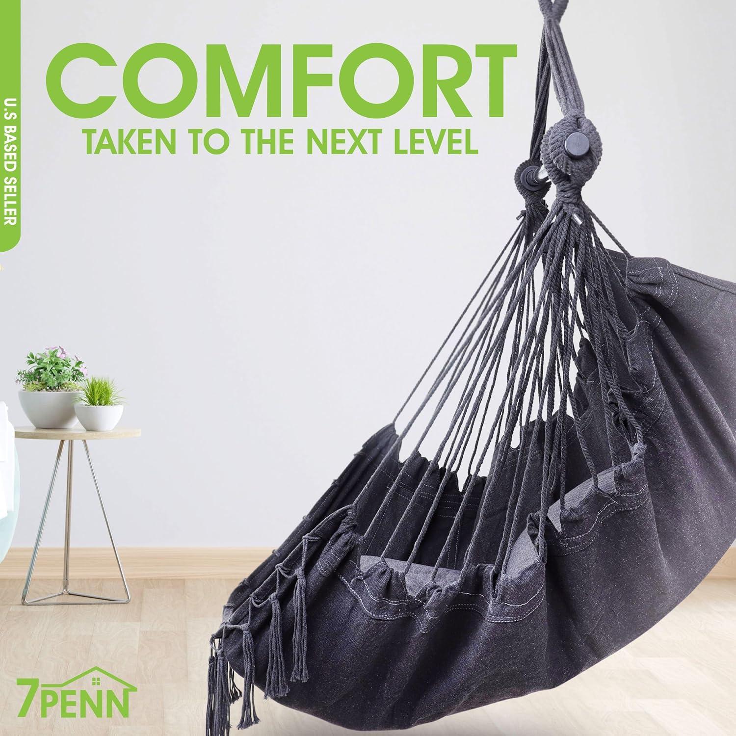 7Penn Hammock Chair Swing - Indoor Outdoor 440lb Max Black Boho Hanging Chair