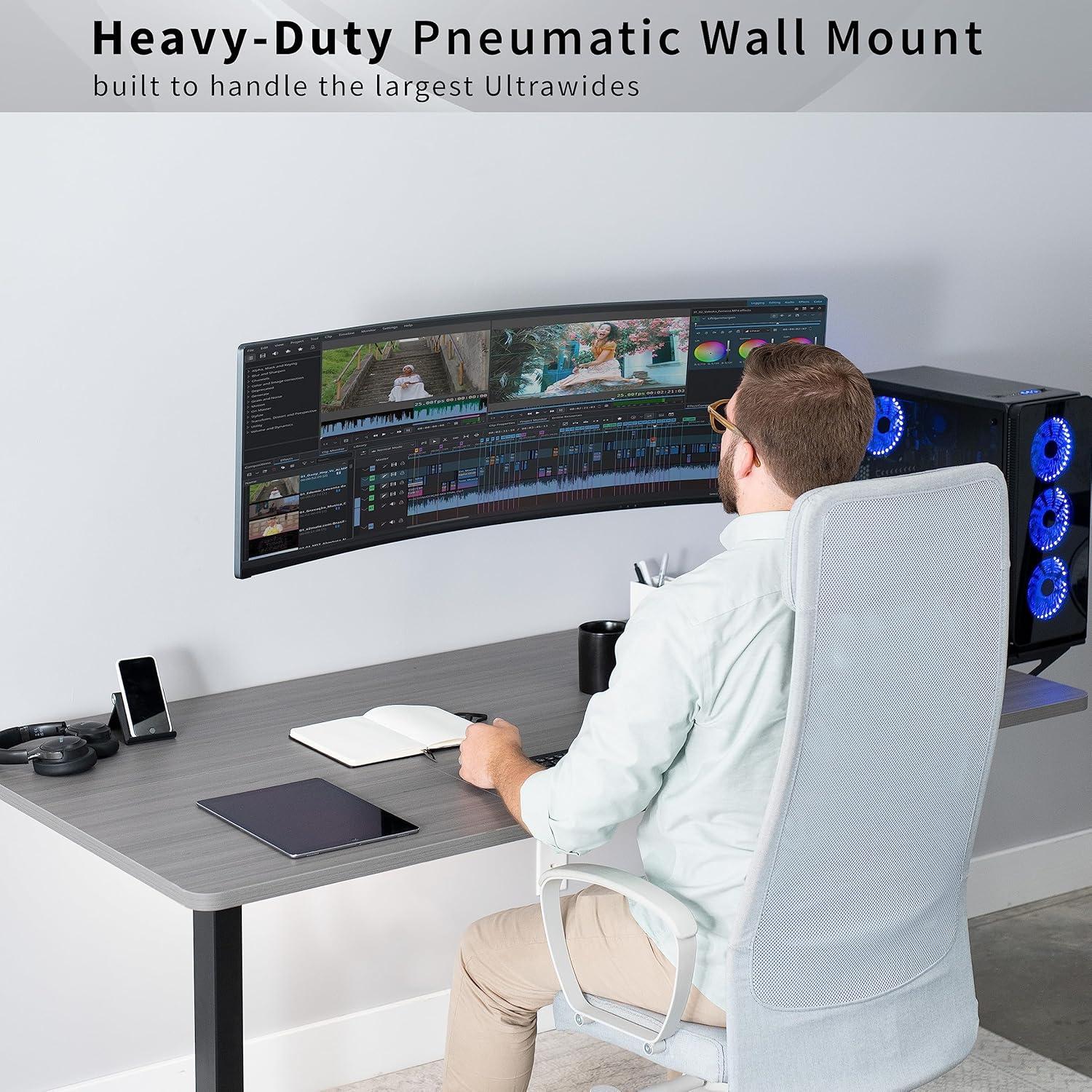 VIVO Single Pneumatic Monitor Wall Mount, Fits Ultrawides up to 49"