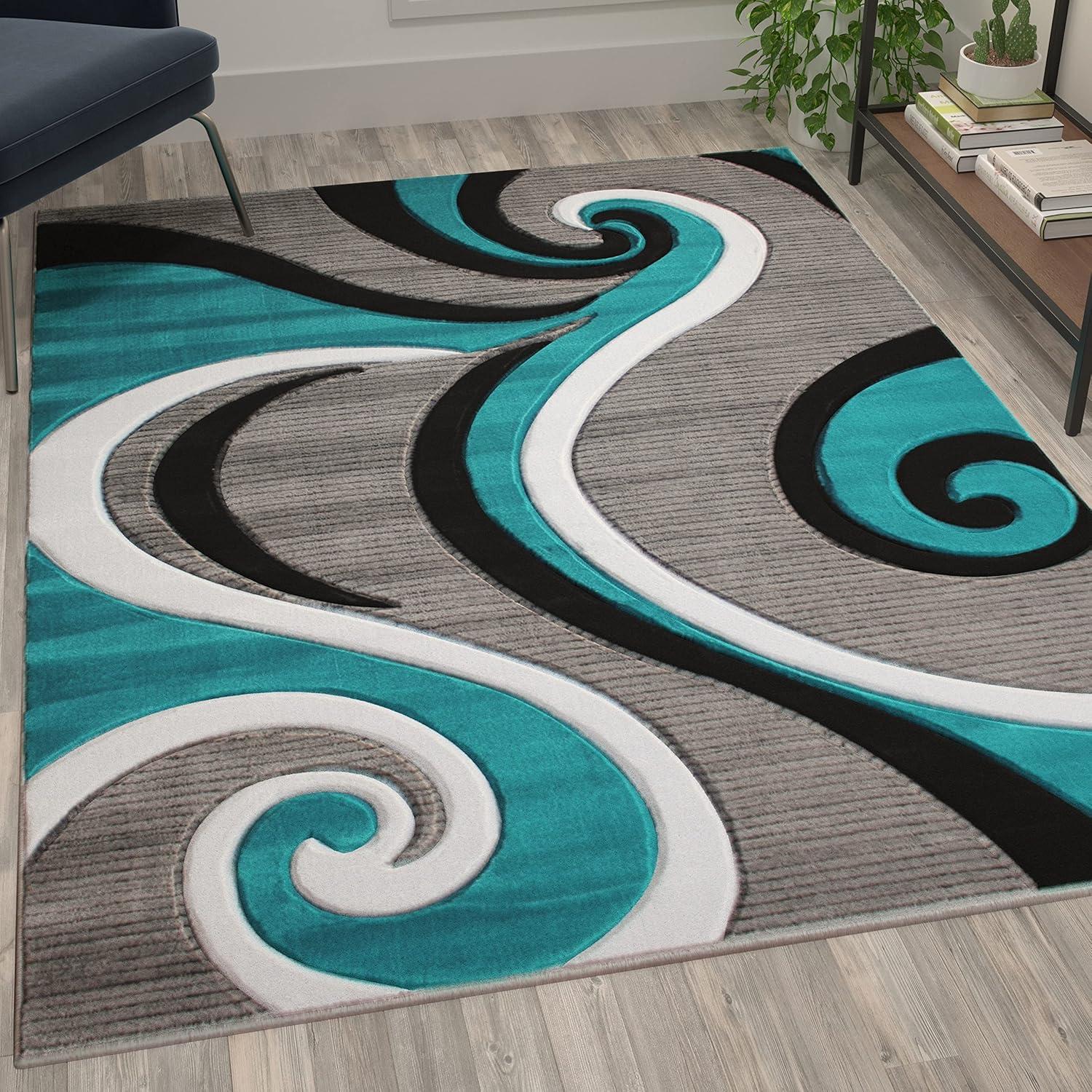 Flash Furniture Athos Rectangular Contemporary White, Black, Grey, Turquoise Area Rug, 5' x 7'