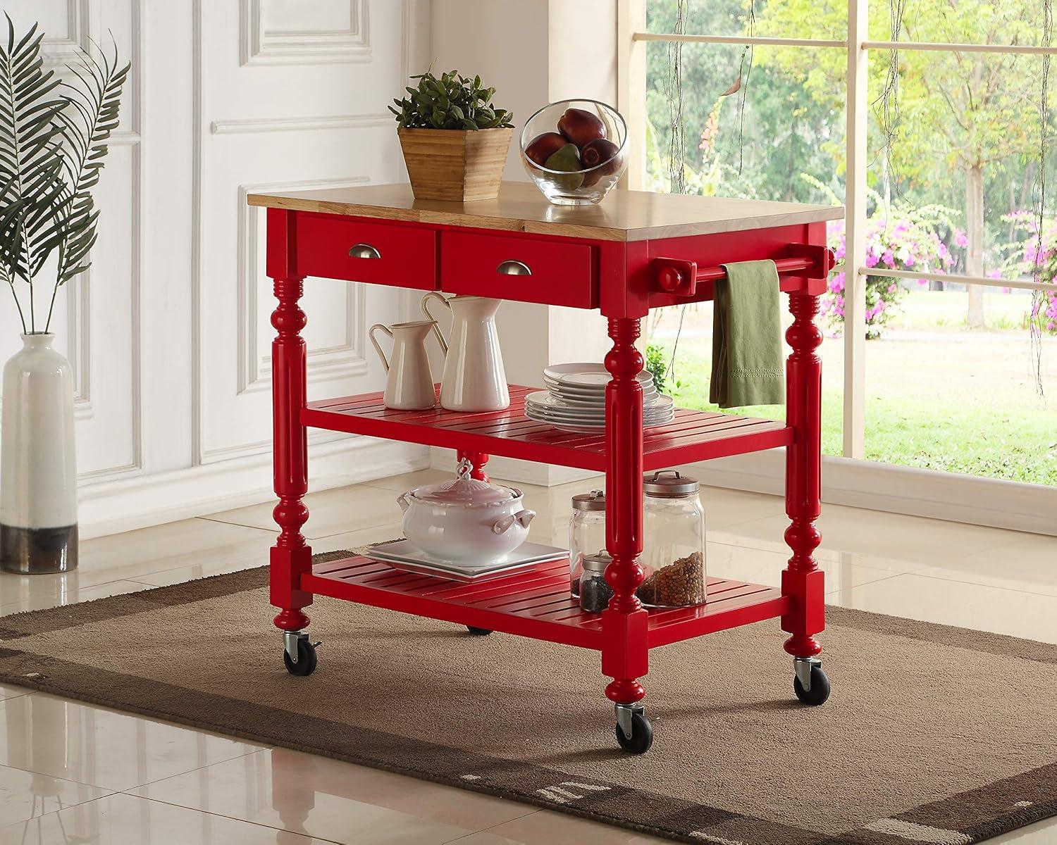 Payson Red Rolling Kitchen Island with Solid Wood Top