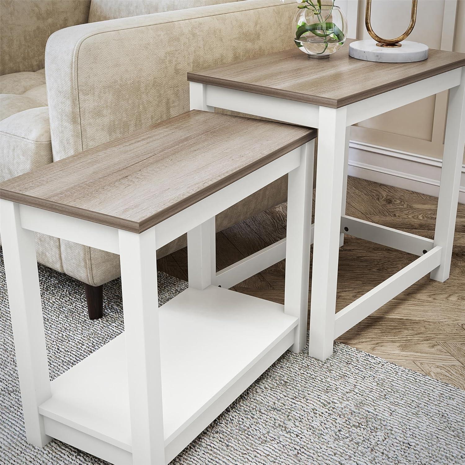 Chapel Hill Rustic Farmhouse Nesting Table 2-Piece Set, White with Brown Oak Top