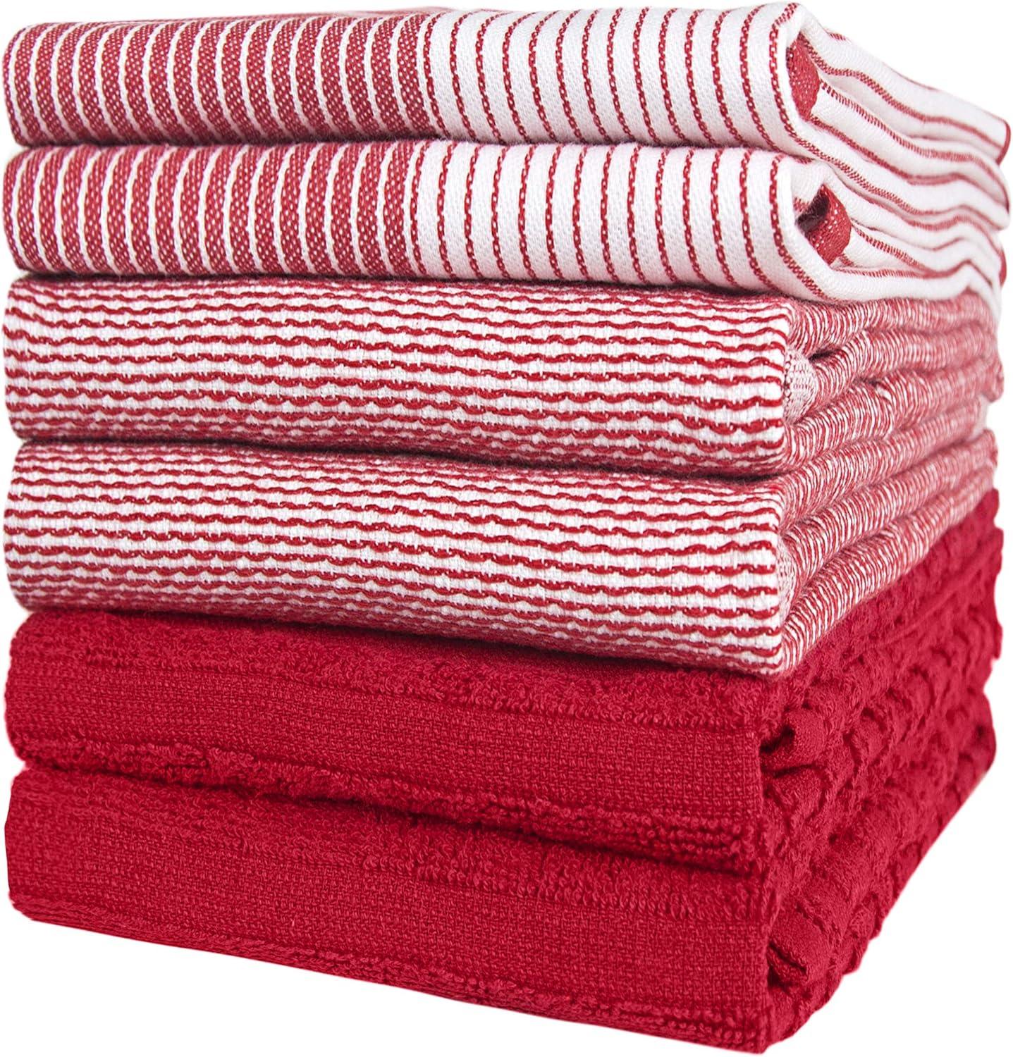 Premium Kitchen Towels (20”x 28”, 6 Pack) – Large Cotton Kitchen Hand Towels – Flat & Terry Towel – Highly Absorbent Tea Towels Set with Hanging Loop (Wide Stripe Red)