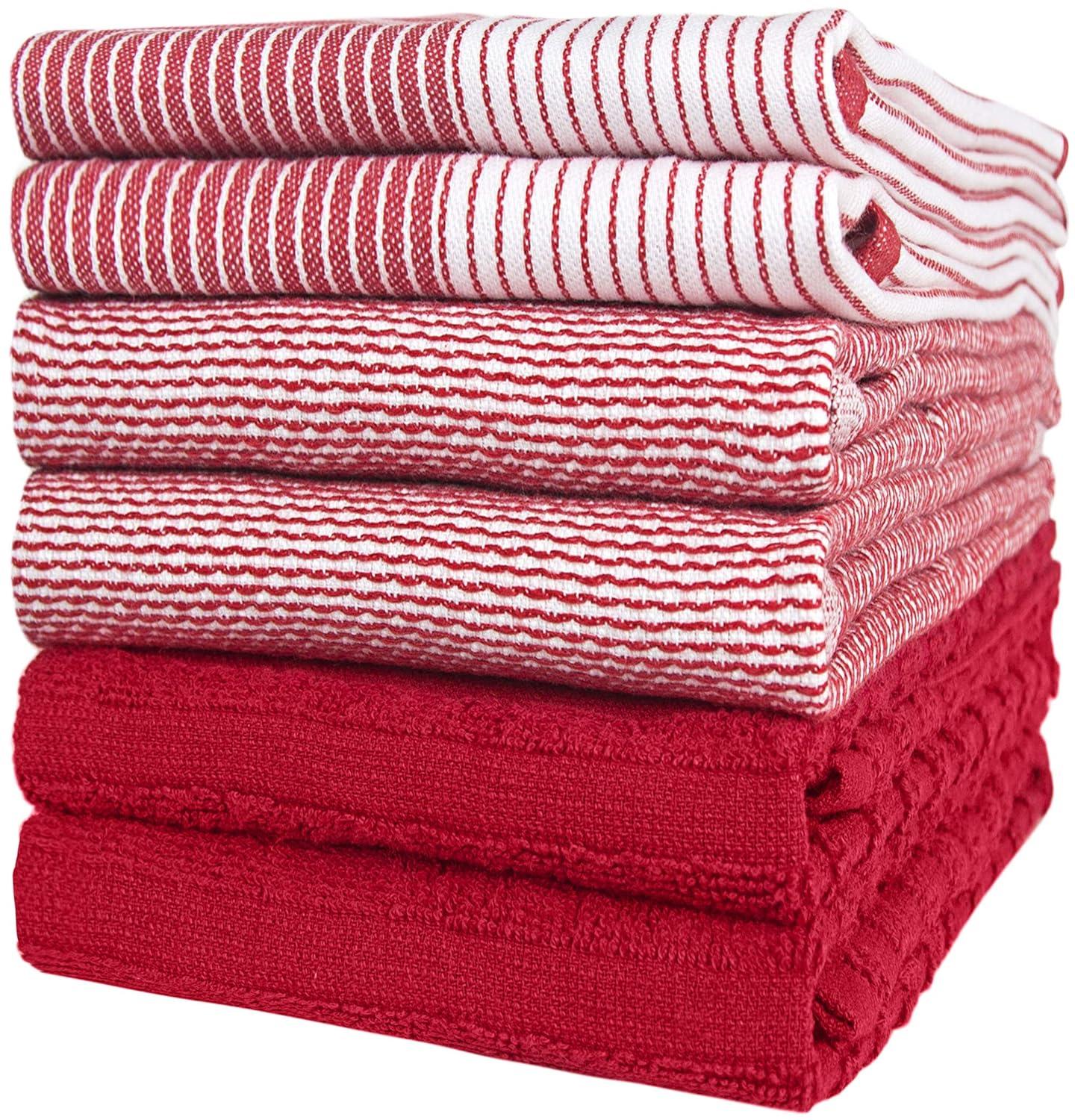 Premium Kitchen Towels (20”x 28”, 6 Pack) – Large Cotton Kitchen Hand Towels – Flat & Terry Towel – Highly Absorbent Tea Towels Set with Hanging Loop (Wide Stripe Red)