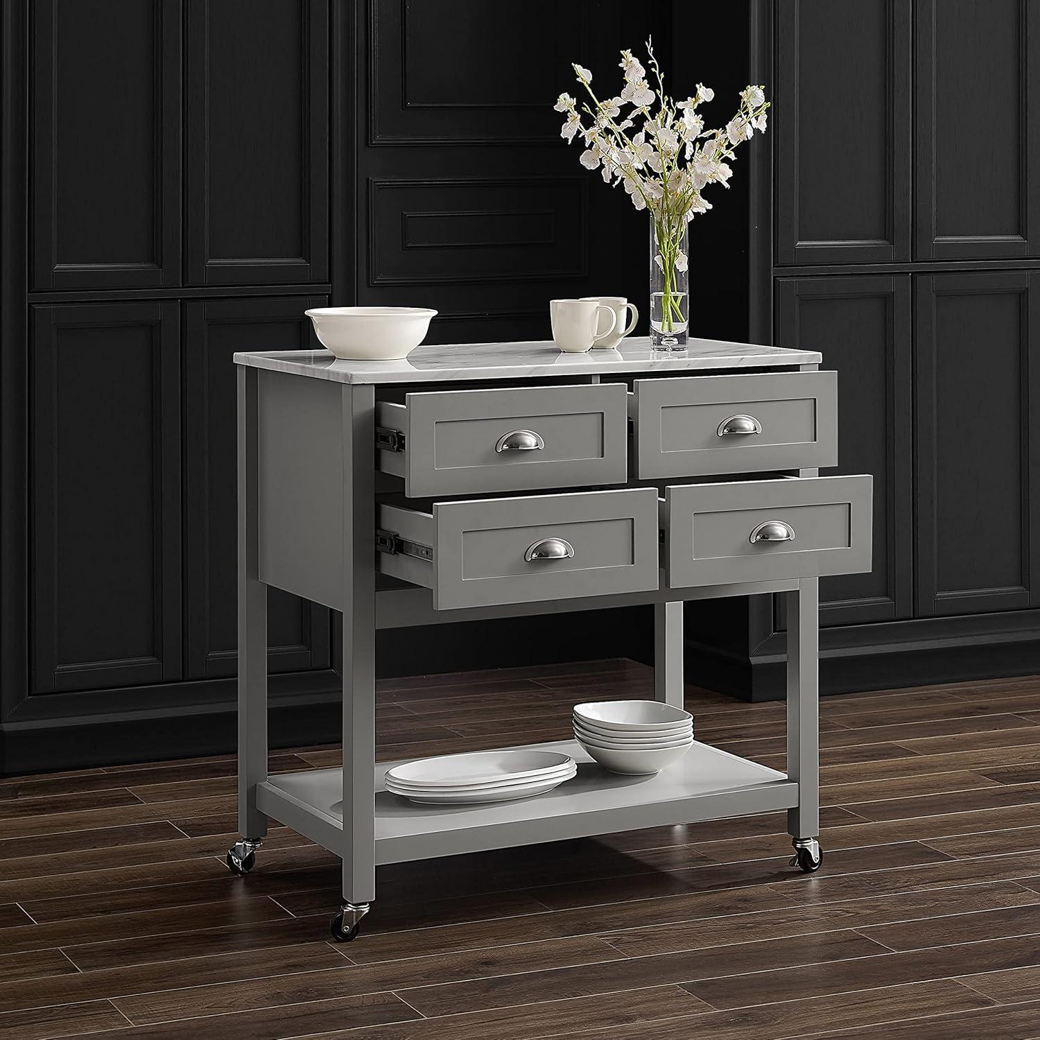 Connell Kitchen Island Cart Gray/White Marble - Crosley: Mobile Storage, 4 Drawers, Open Shelf, Locking Wheels