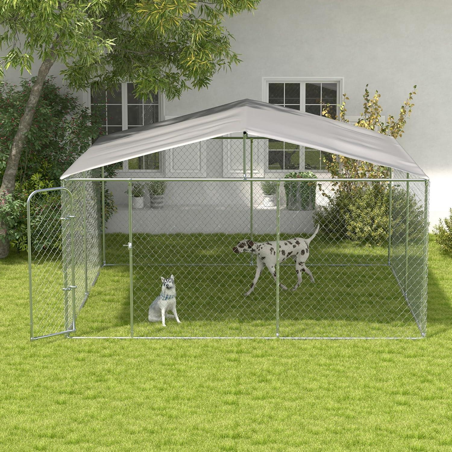 PawHut Outdoor Metal Dog Kennel, Pet Playpen with Steel Lock, Mesh Sidewalls and Cover for Backyard & Patio