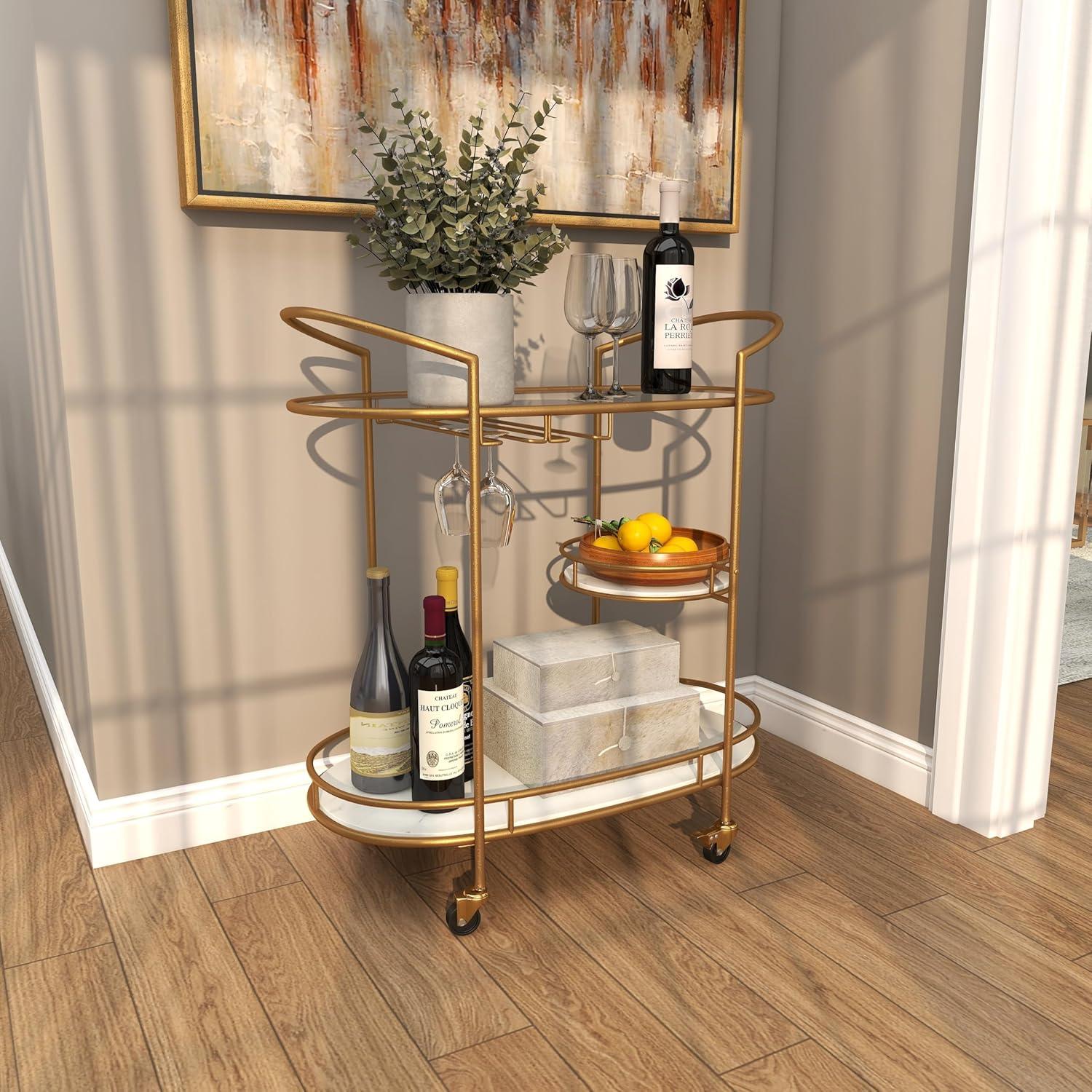 Elegant Gold Oval 3-Tier Marble and Glass Bar Cart with Wheels