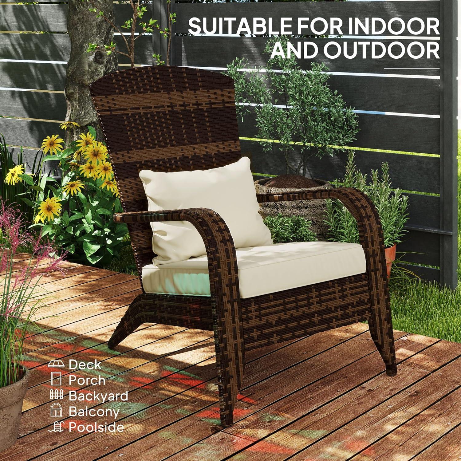 Outsunny Patio Adirondack Chair with All-Weather Rattan Wicker, Soft Cushions, Tall Curved Backrest for Deck or Garden, Light Gray