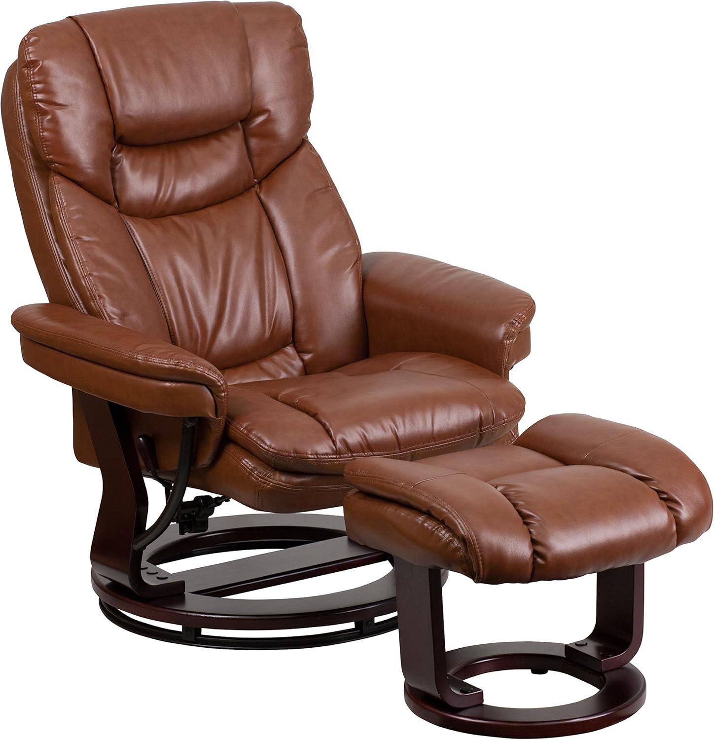 Flash Furniture Contemporary Multi-Position Recliner and Curved Ottoman with Swivel Mahogany Wood Base