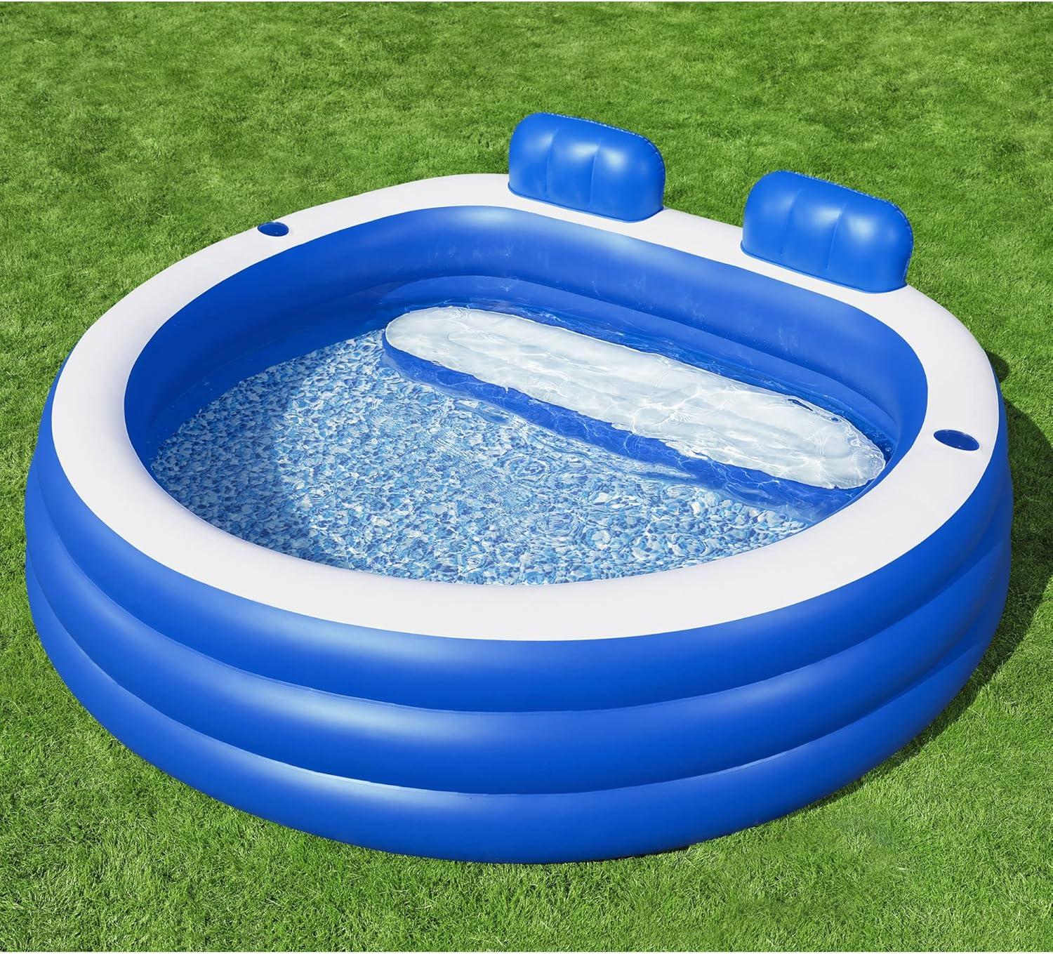 Blue and White Inflatable Round Family Pool with Headrests