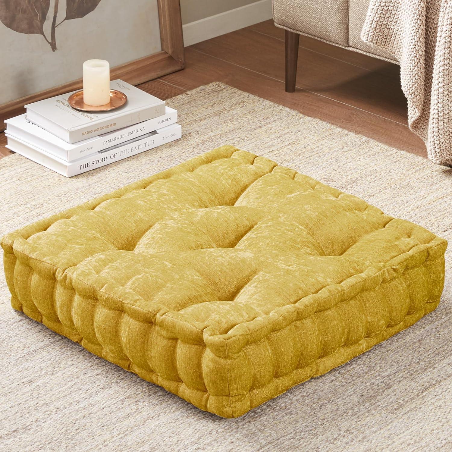 Intelligent Design Oversize Diah Poly Chenille Square Floor Pillow: Hypoallergenic, Indoor Use, Tufted with Scalloped Edge