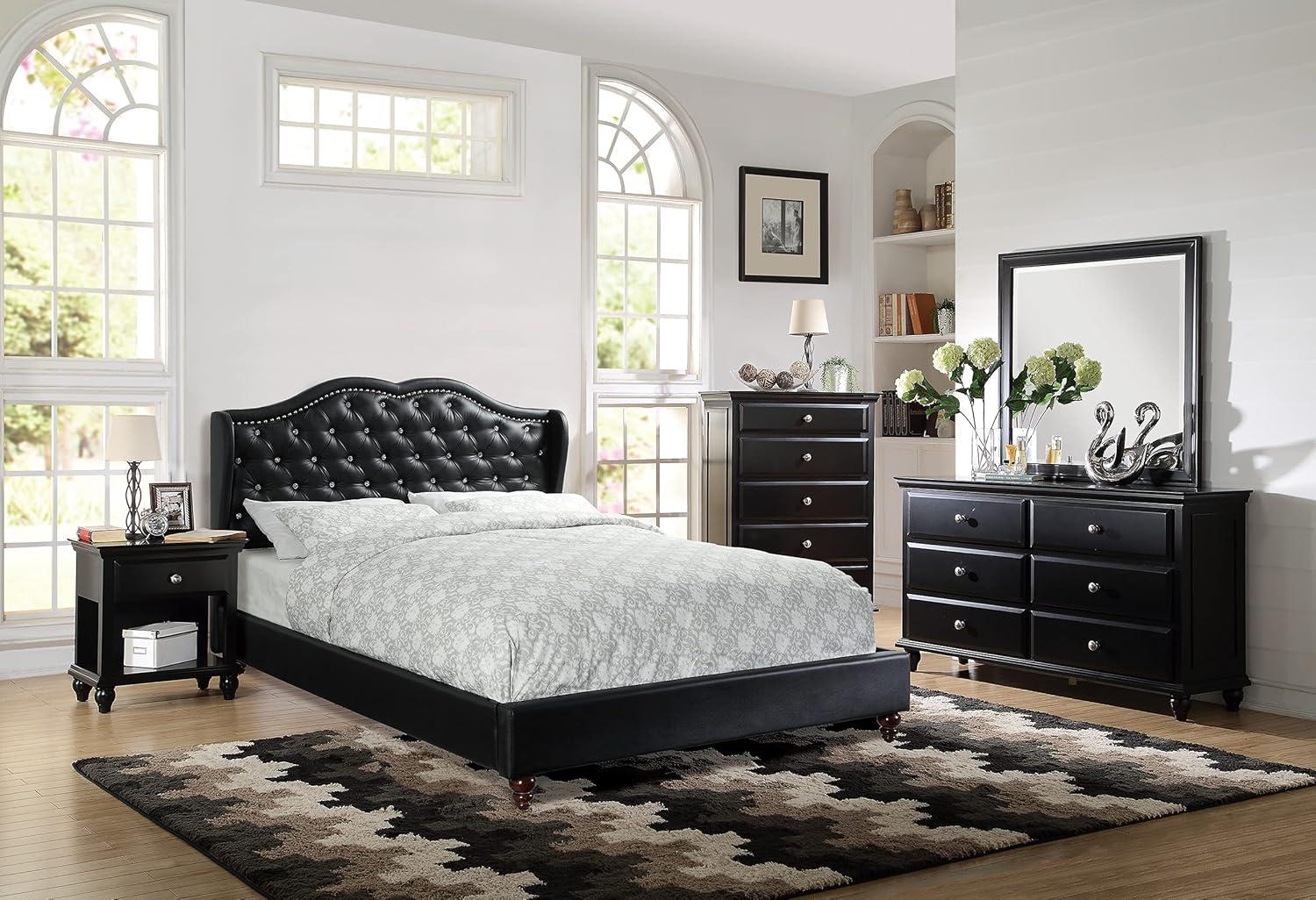 California King Black Faux Leather Upholstered Bed with Tufted Headboard