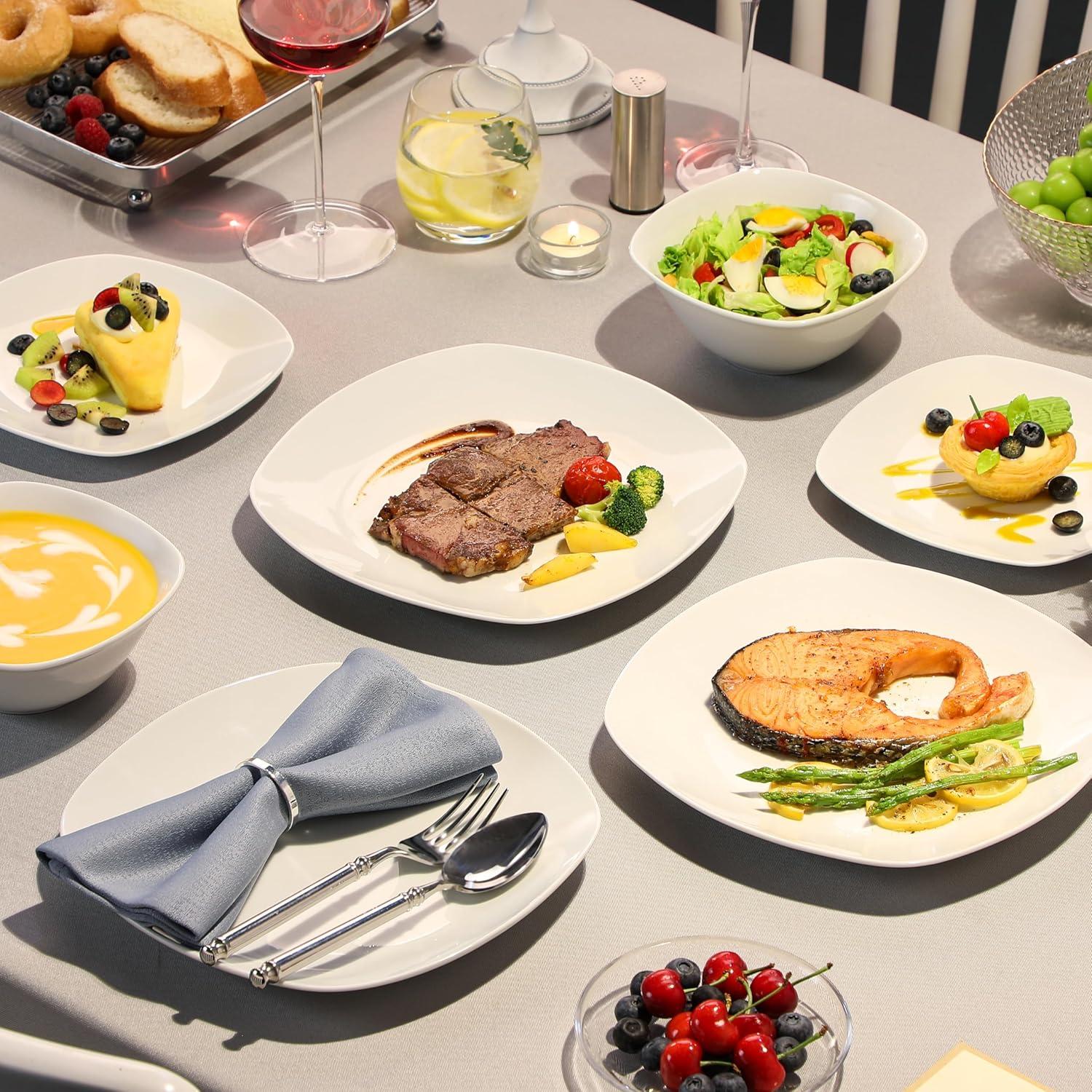 MALACASA Plates and Bowls Set, 12 Pieces Porcelain Dinnerware Sets, Gray White Dishes Set for 4, Chip and Scratch Resistant Square Dishware Sets, Series ELISA