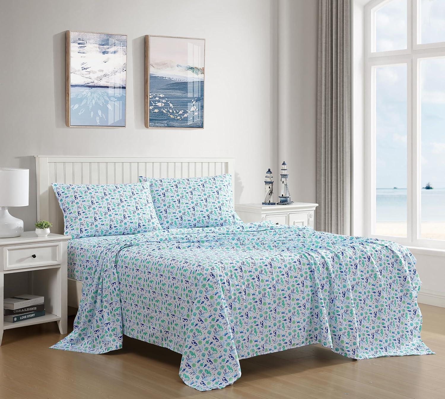 Coastal Print Microfiber Sheet Set, Full, Clearwater Aqua