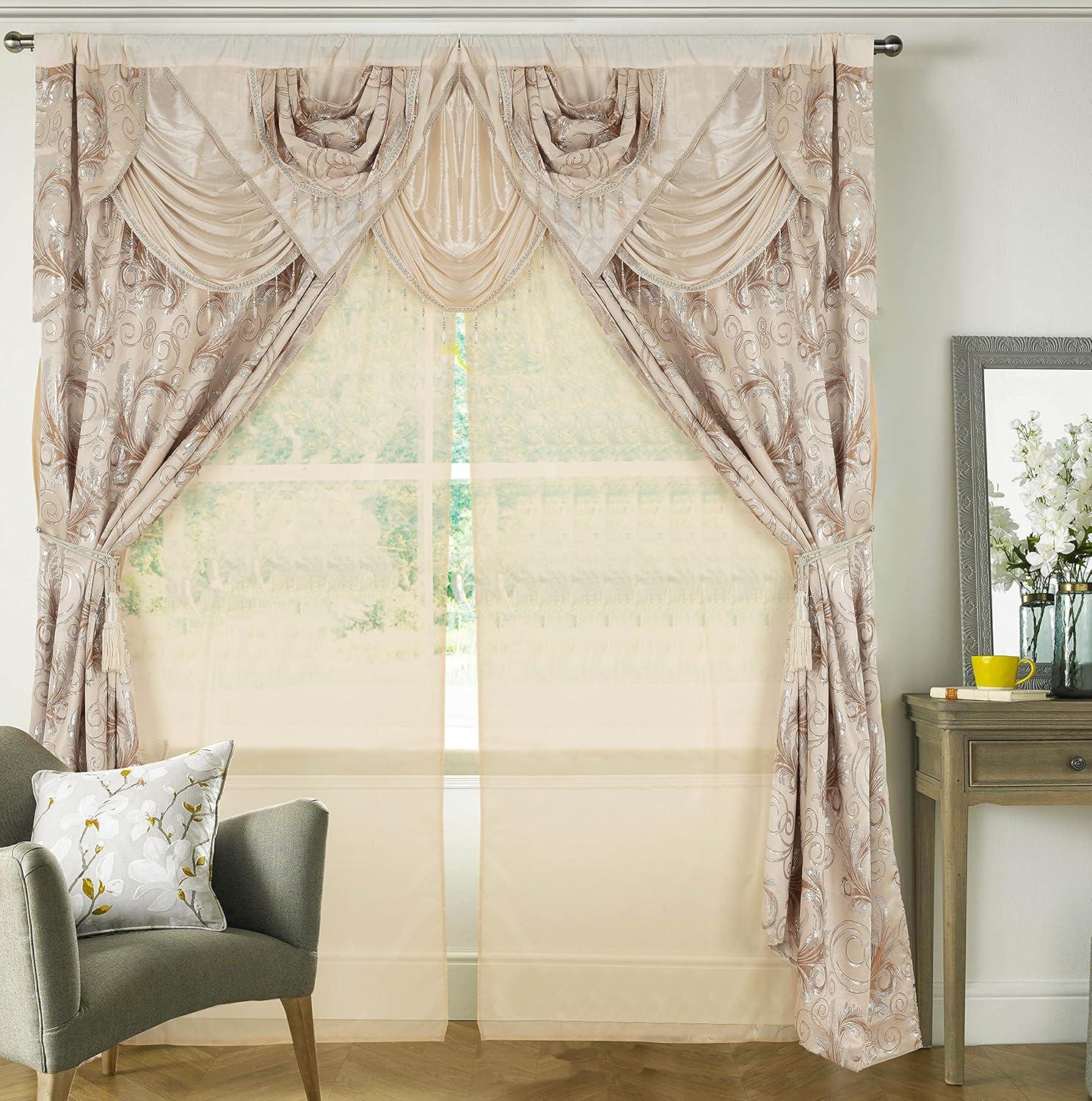 GLORY RUGS Jana Collection Beige Paisley Rod Pocket Curtains, 112" x 84"