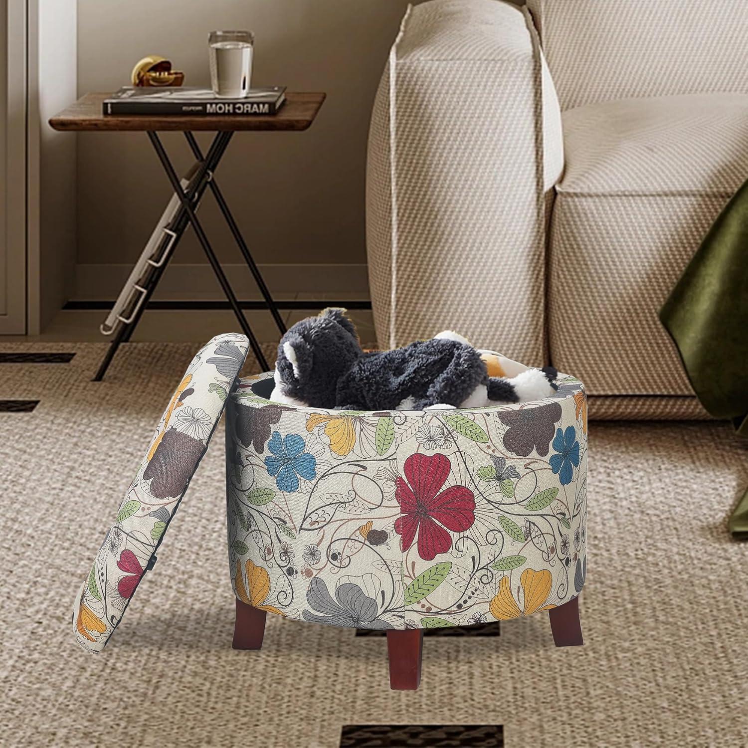 Floral Multicolor Tufted Round Storage Ottoman with Wooden Legs