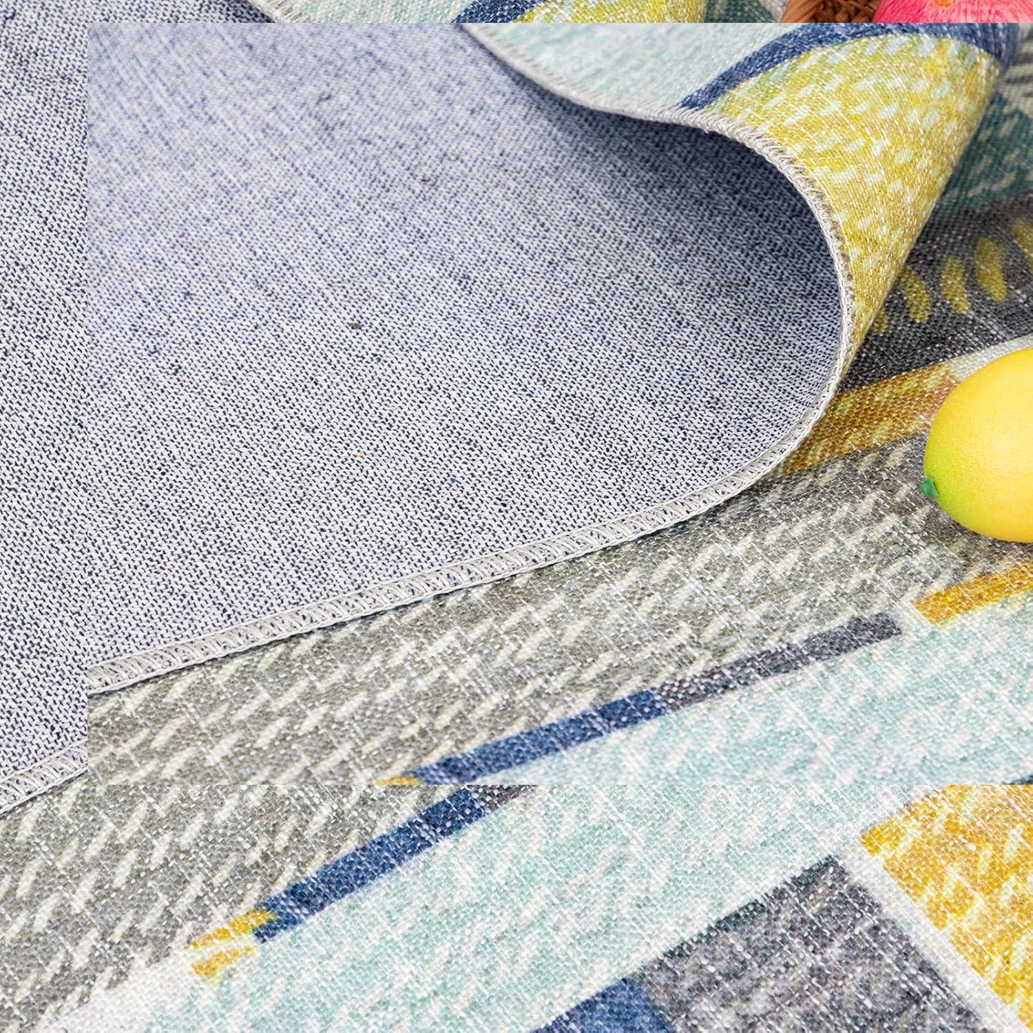 NELE Machine Washable Modern Lattice Area Rug Yellow/Blue Multi