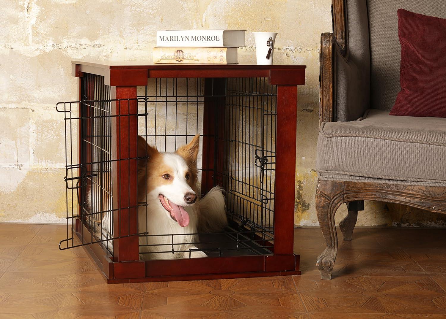 Merry Products 2 Door Decorative Pet Kennel with Wooden Protection Cover, Divider Insert, and Removable Tray End or Side Table, Large, Brown